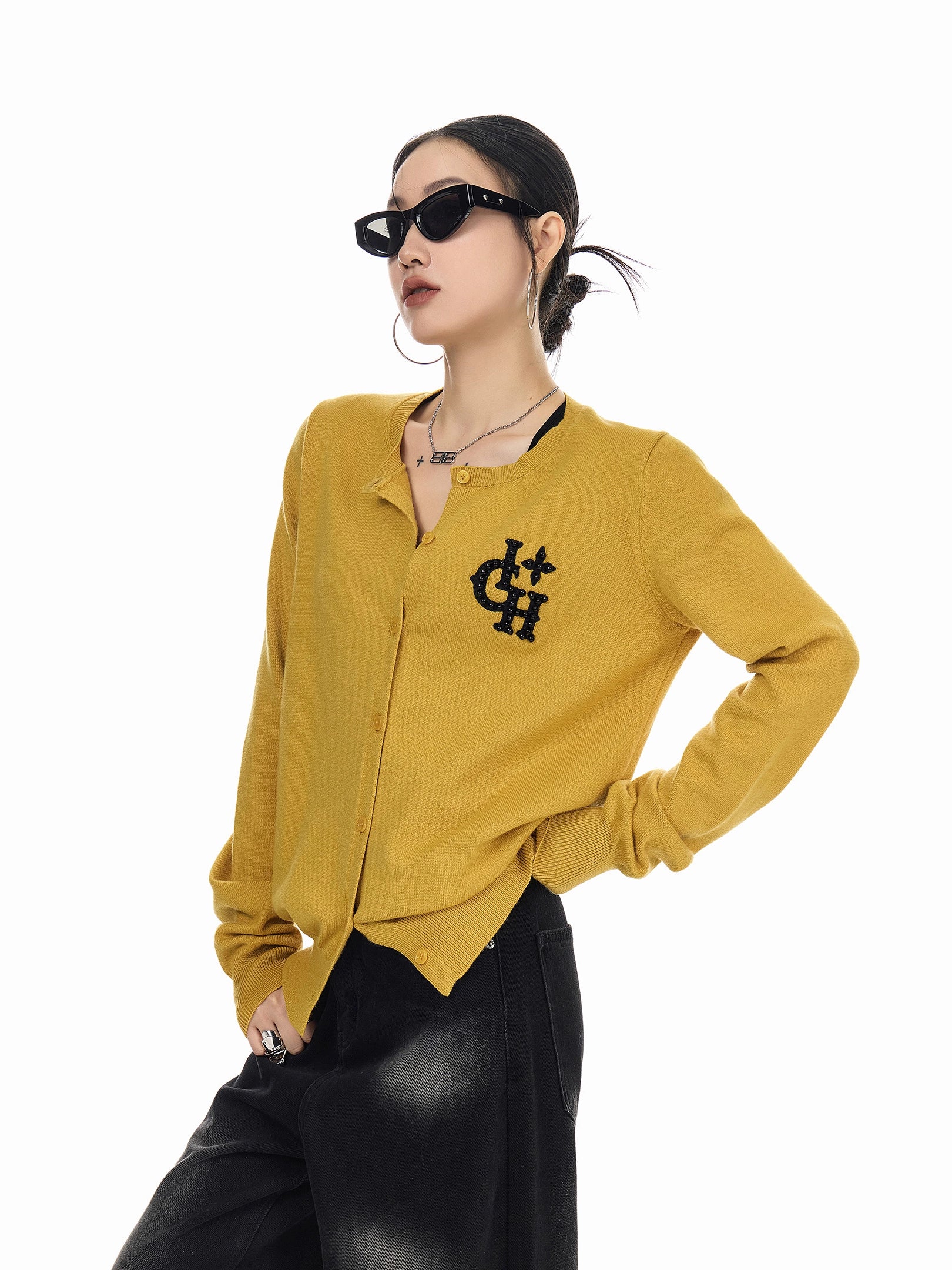 ICH MODE 美式复古珍珠针织开衫女秋冬季氛围感外搭休闲毛衣外套