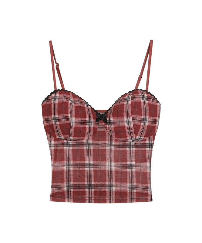 野生zerocircle黑红色格子吊带胸垫背心内搭女春夏季辣妹网纱上衣