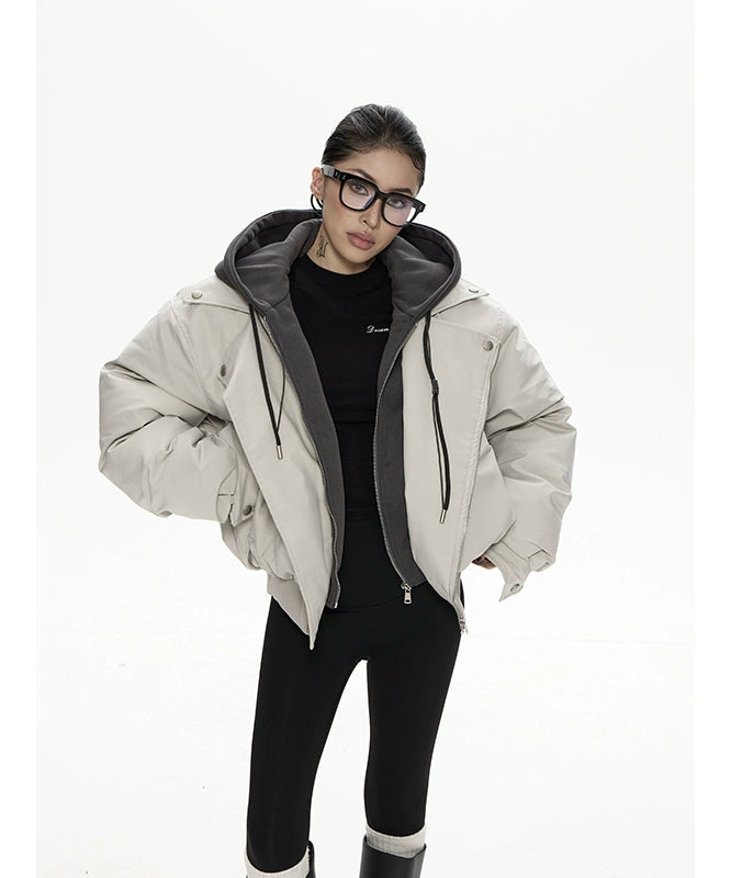 野生zero 假两件夹克棉服女秋冬新款设计感小众连帽宽松棉衣外套