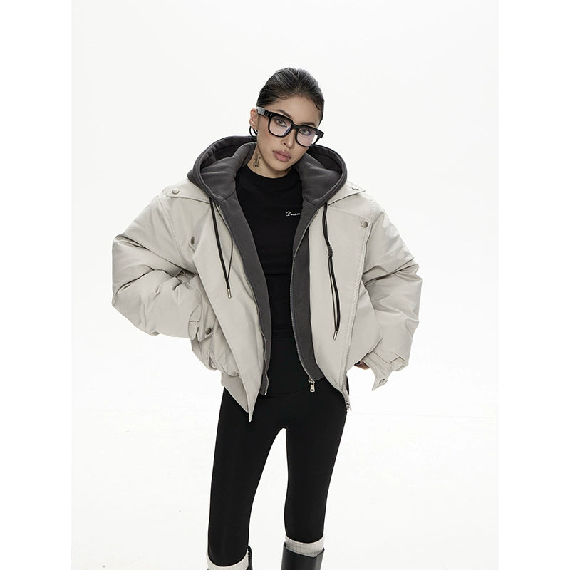 野生zero 假两件夹克棉服女秋冬新款设计感小众连帽宽松棉衣外套