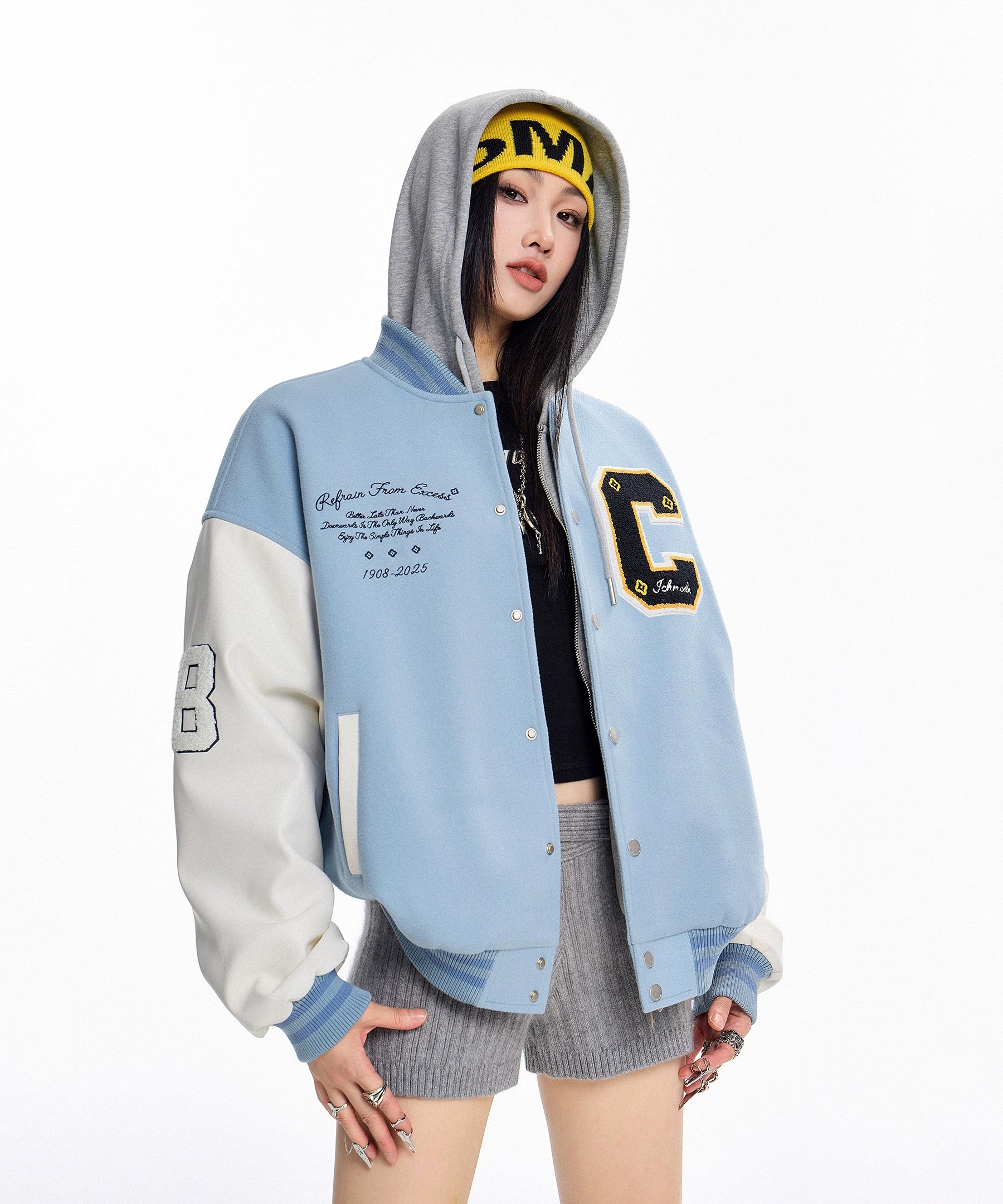 ICH MODE 美式复古撞色外套女2025年新款秋冬开衫上衣宽松棒球服