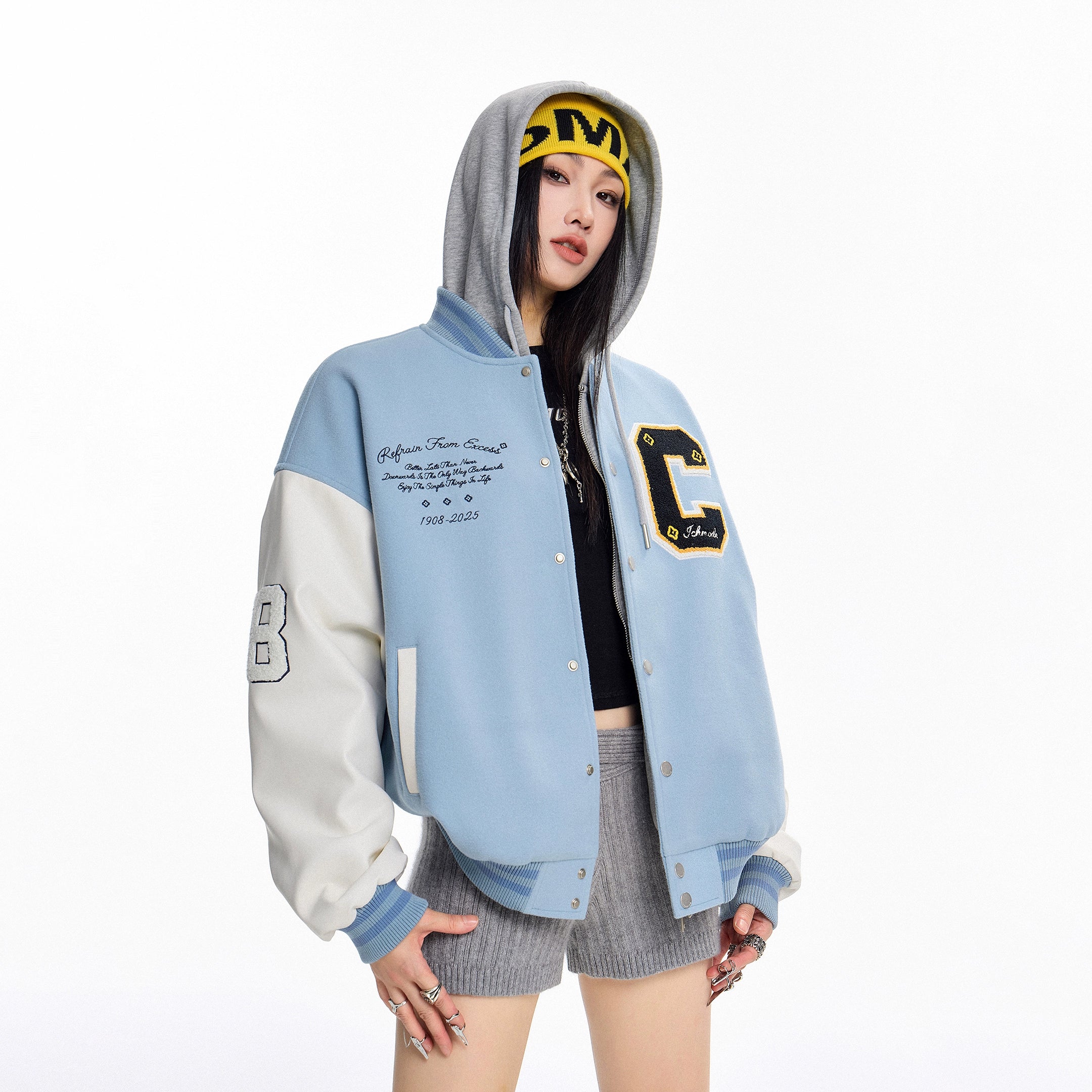 ICH MODE 美式复古撞色外套女2025年新款秋冬开衫上衣宽松棒球服