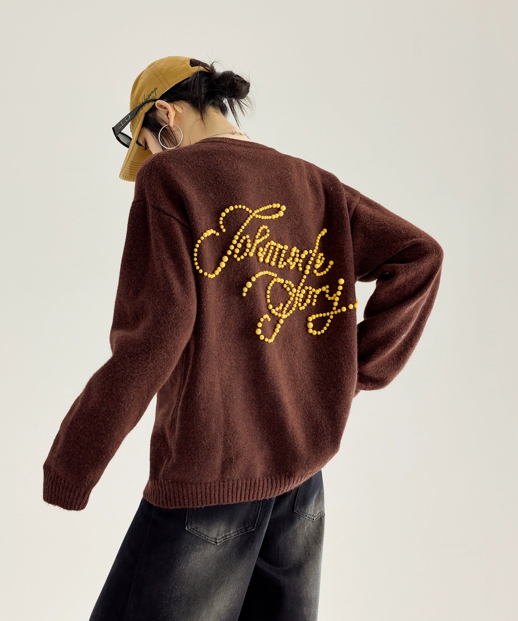 ICH MODE 美式复古珍珠刺绣毛针织开衫女秋冬季百搭休闲毛衣外套