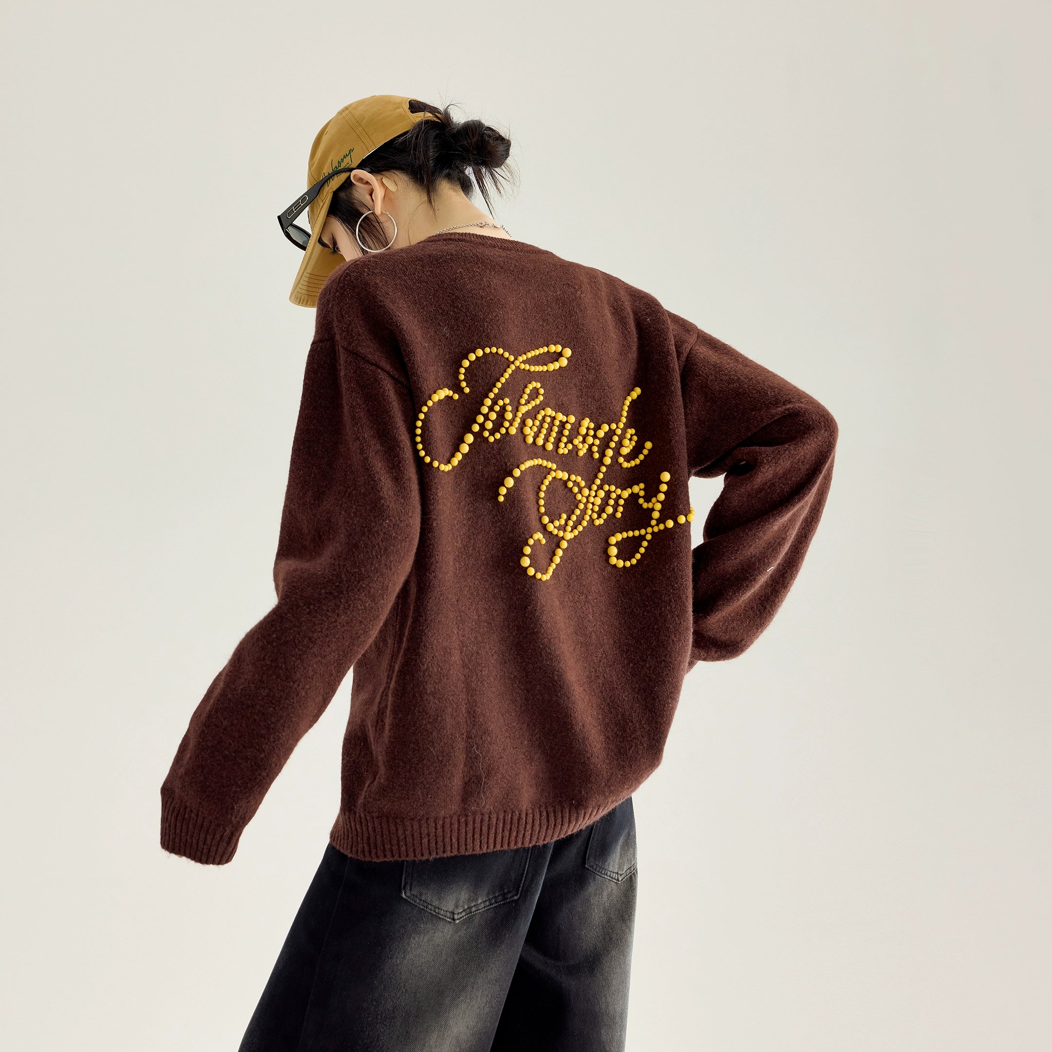 ICH MODE 美式复古珍珠刺绣毛针织开衫女秋冬季百搭休闲毛衣外套