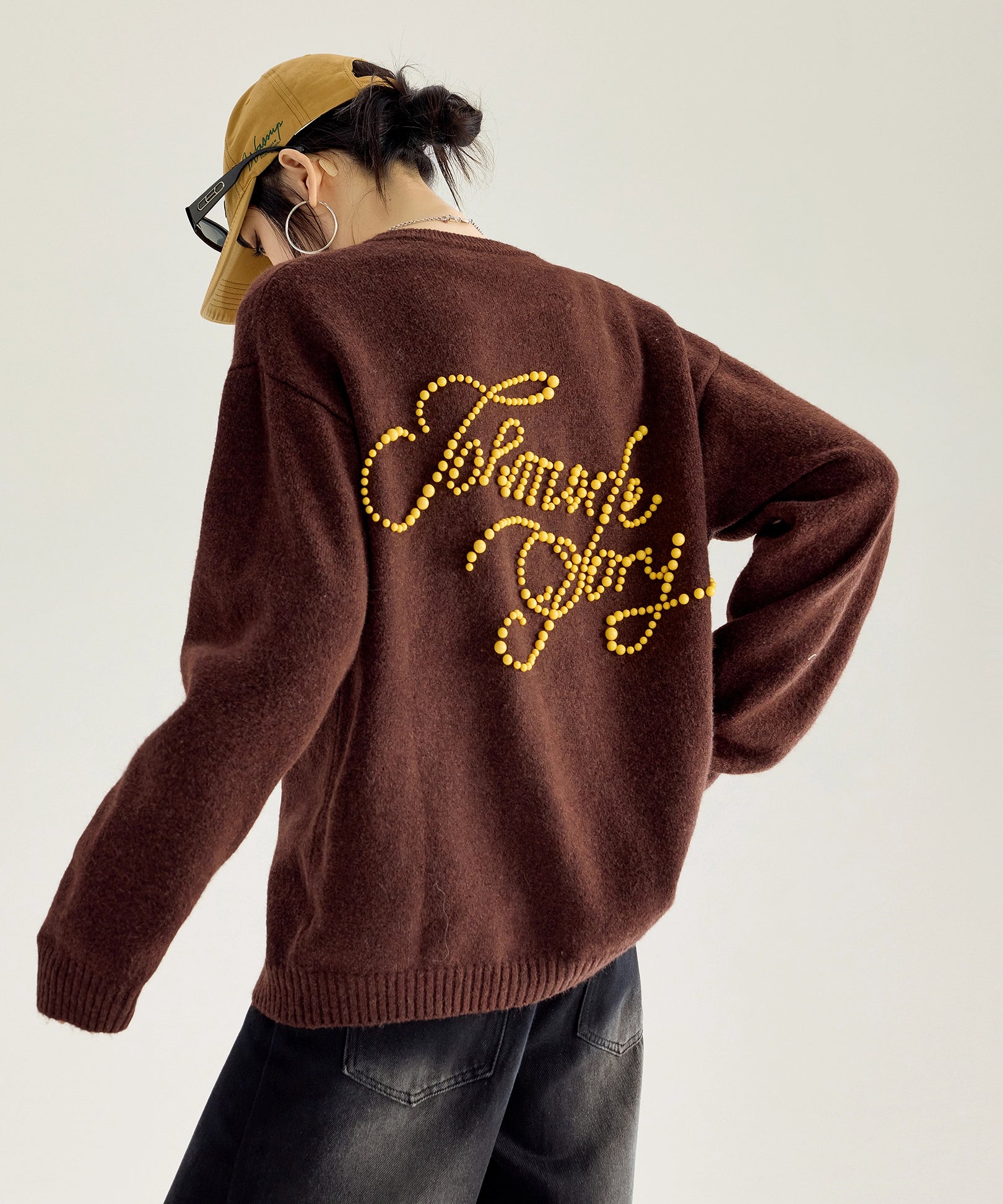 ICH MODE 美式复古珍珠刺绣毛针织开衫女秋冬季百搭休闲毛衣外套