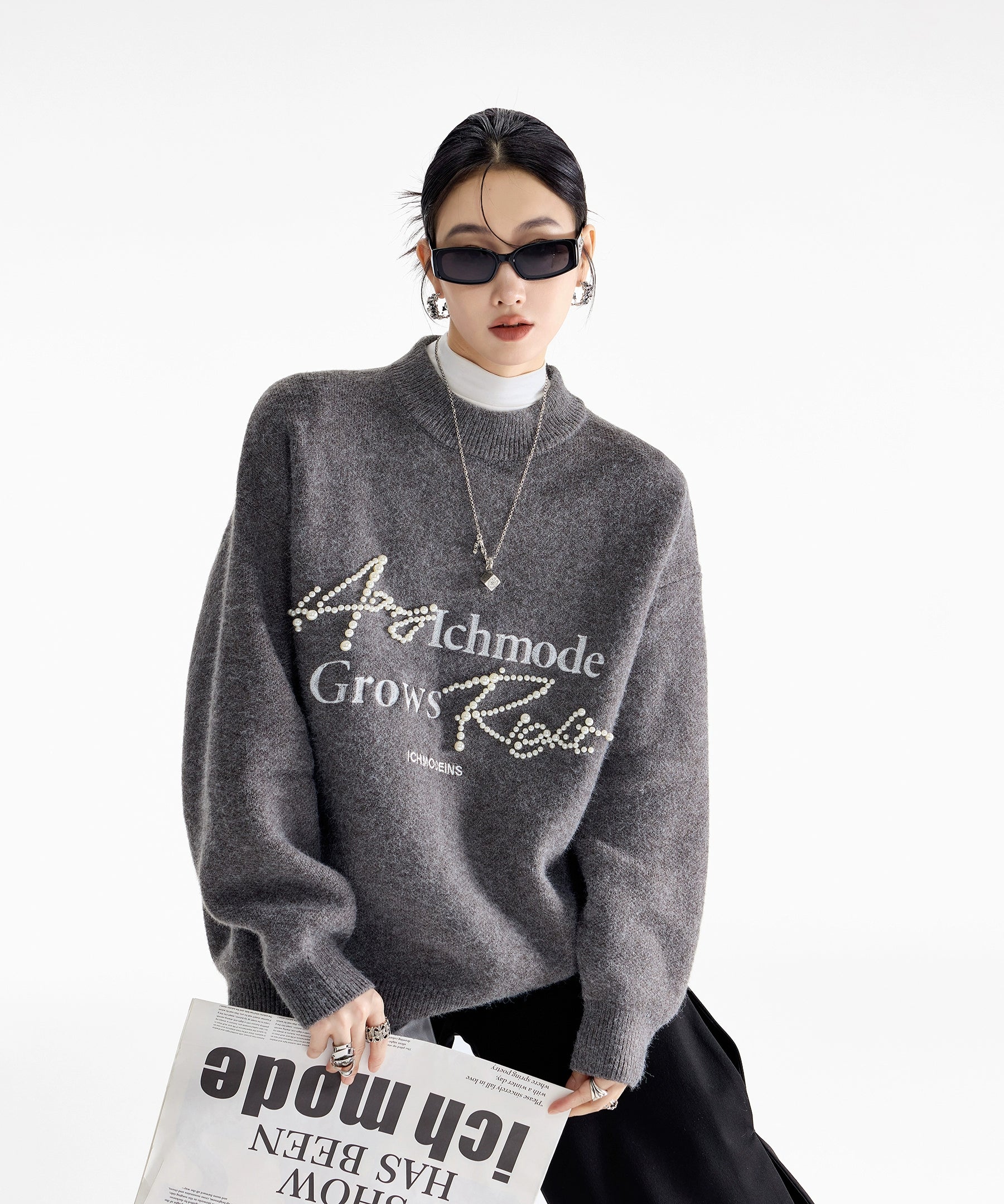 ICH MODE 美式复古珍珠圆领毛衣女秋冬季宽松针织衫慵懒套头上衣