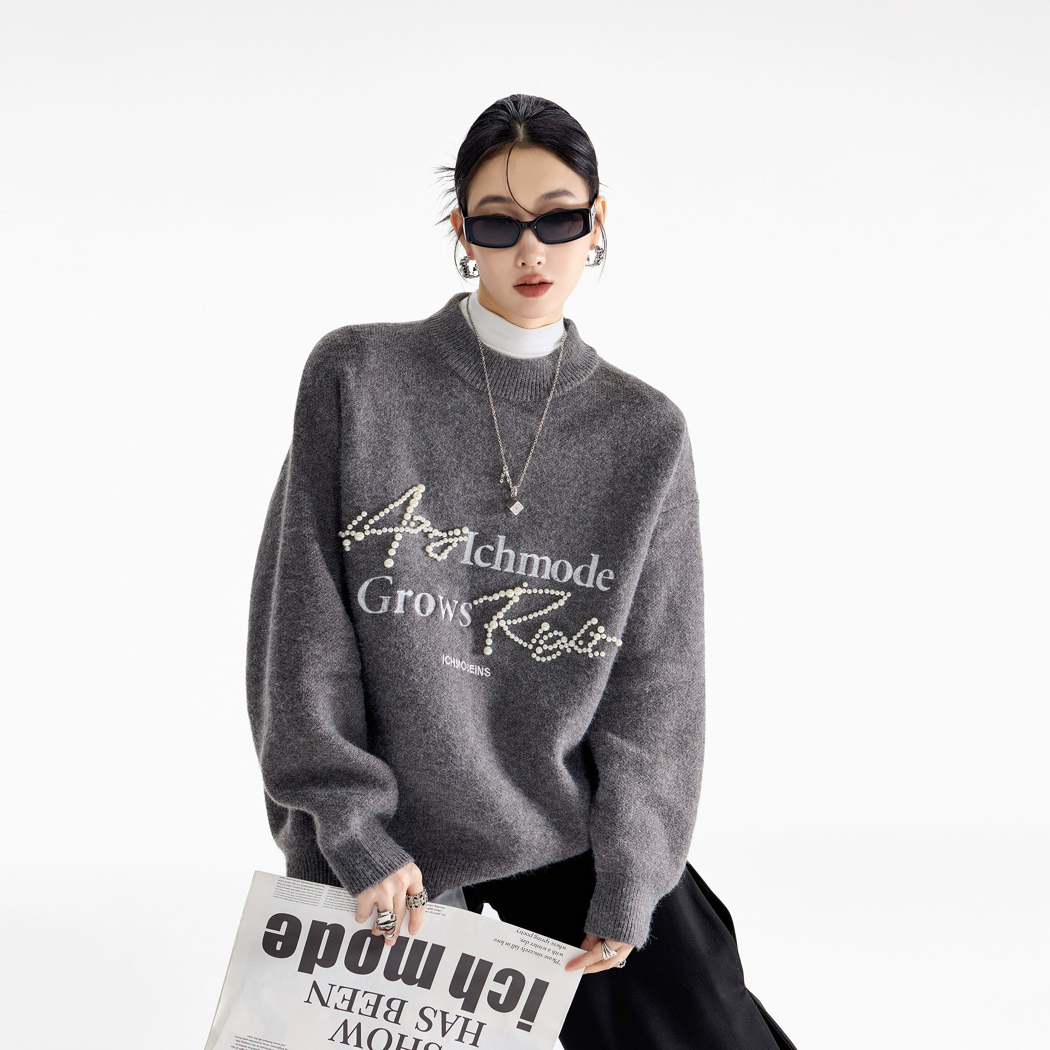 ICH MODE 美式复古珍珠圆领毛衣女秋冬季宽松针织衫慵懒套头上衣