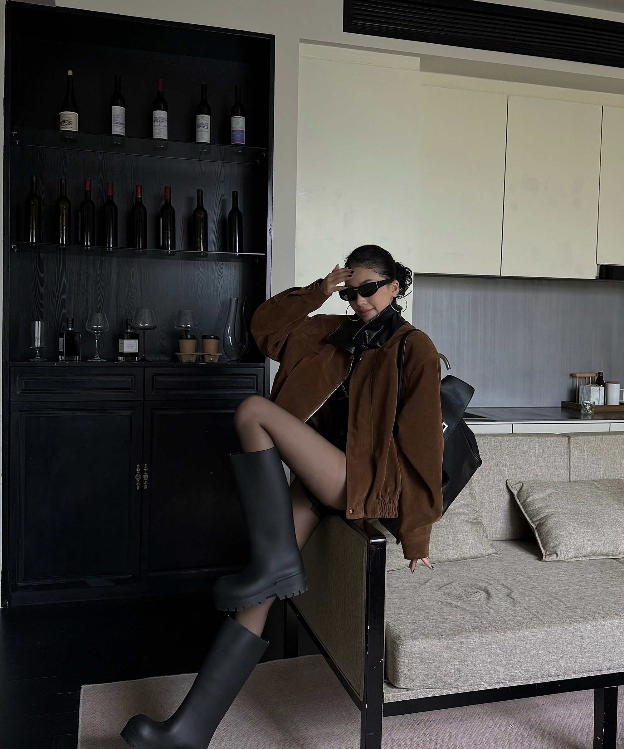 野生zero 拼色复古翻领皮衣女秋季新款美式短款宽松长袖夹克上衣