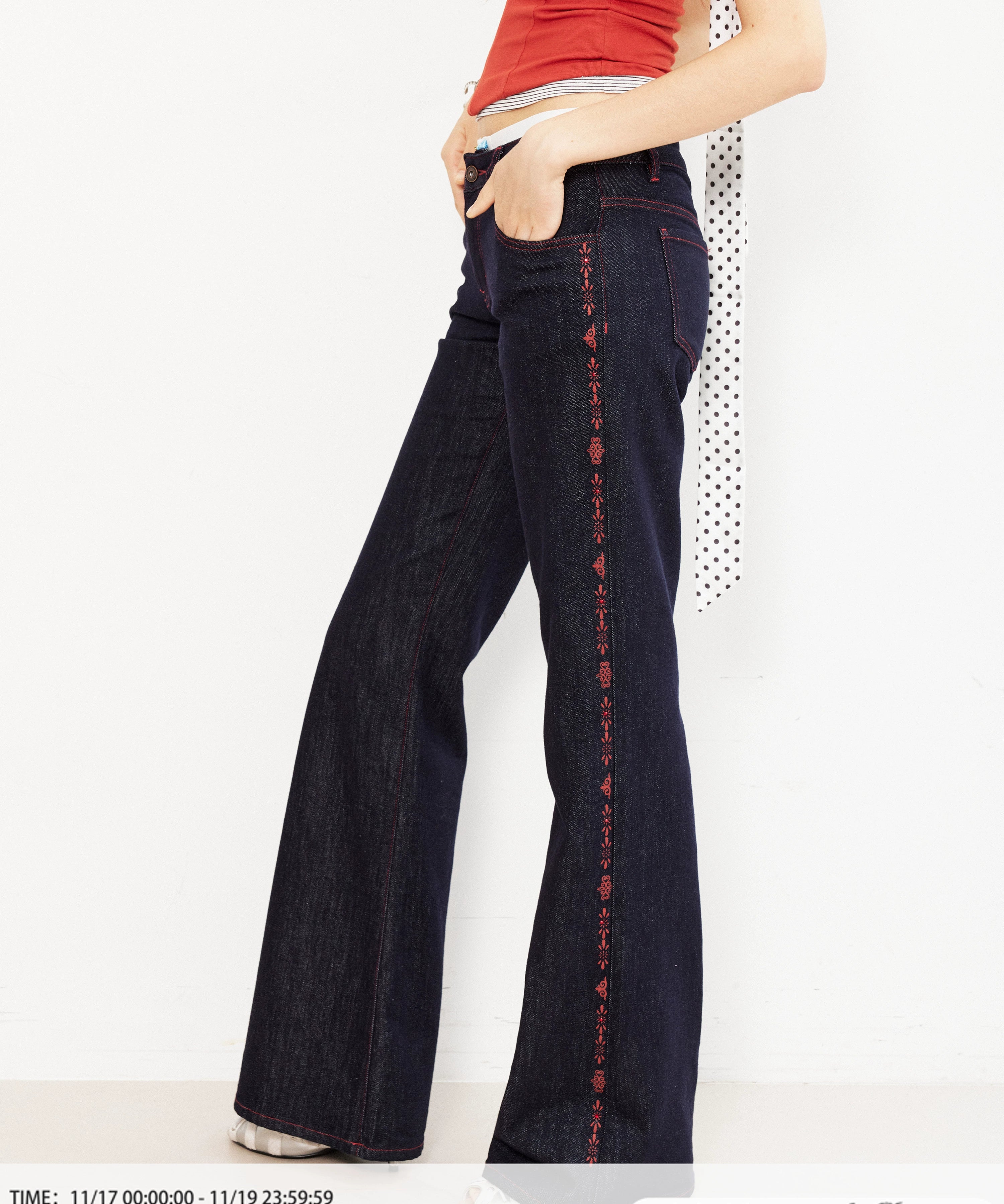 2th Desire复古撞色红条烫钻图腾印花原牛低腰显瘦直筒牛仔裤女