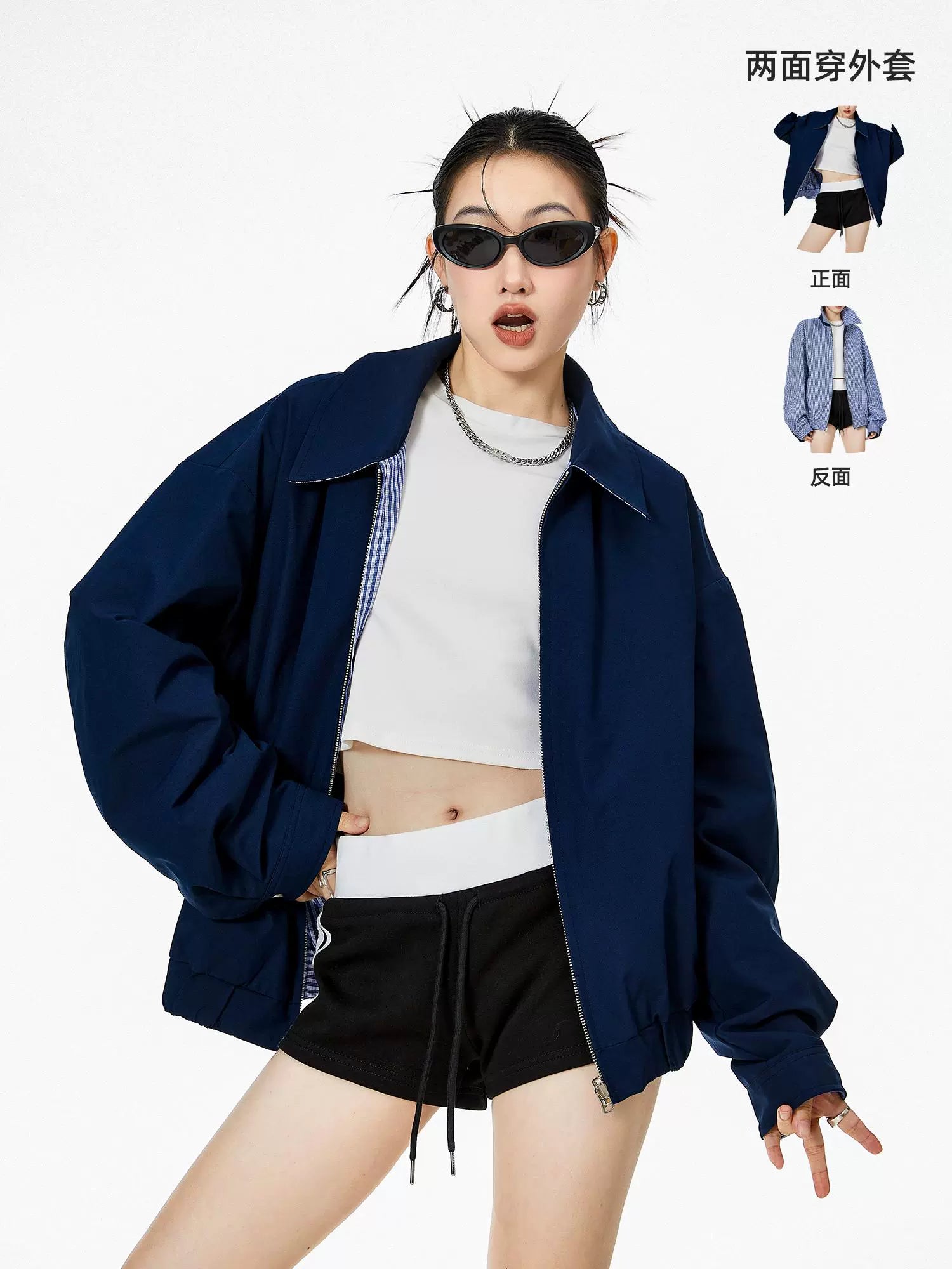 ICH MODE 美式两面穿格子外套女款2025新款秋冬流行工装夹克上衣