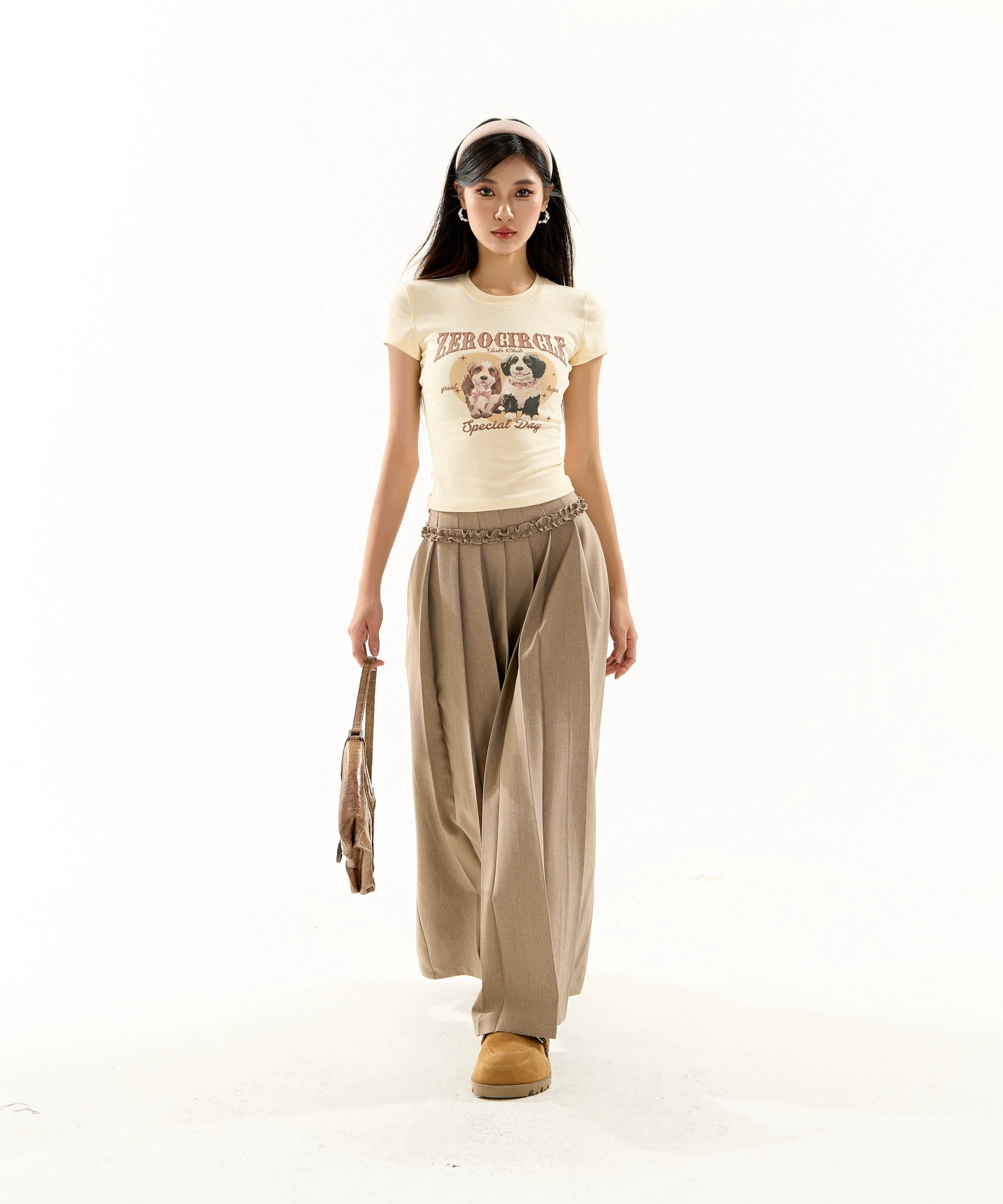 野生zero 粉色正肩短袖t恤女夏设计感甜辣妹修身收腰显瘦印花上衣