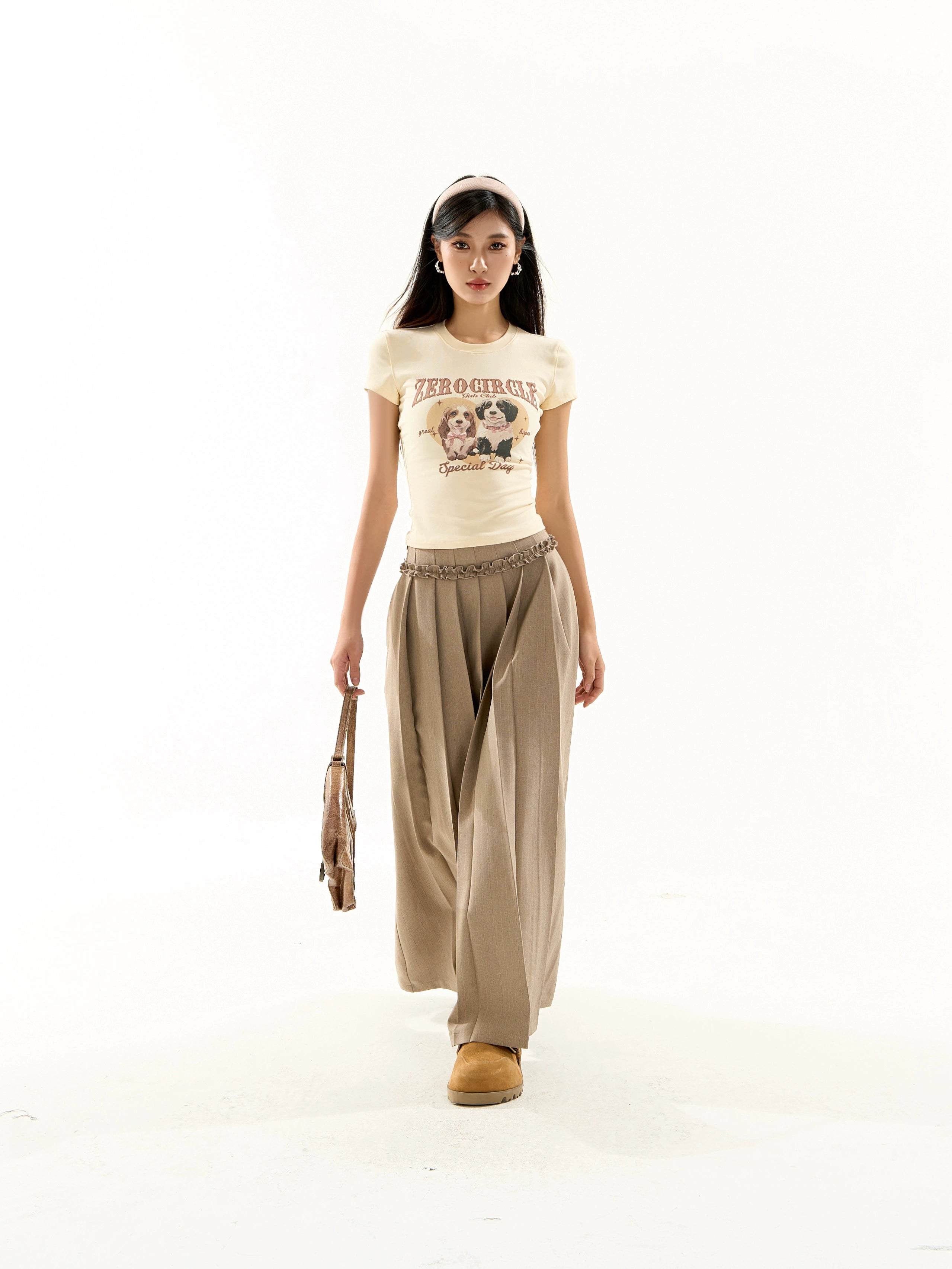 野生zero 粉色正肩短袖t恤女夏设计感甜辣妹修身收腰显瘦印花上衣