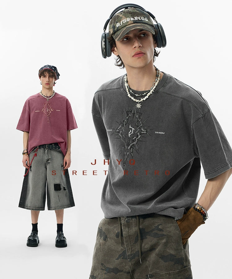 【荆棘系列】JHYQ275g复古水洗做旧圆领短袖t恤男美式宽松潮上衣