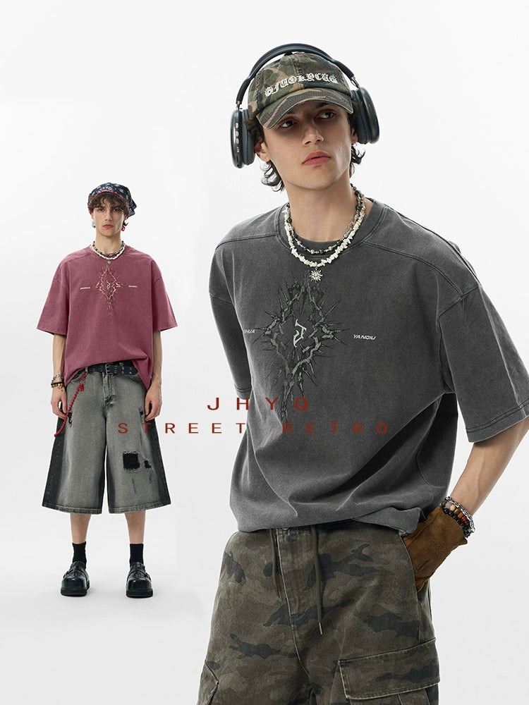 【荆棘系列】JHYQ275g复古水洗做旧圆领短袖t恤男美式宽松潮上衣