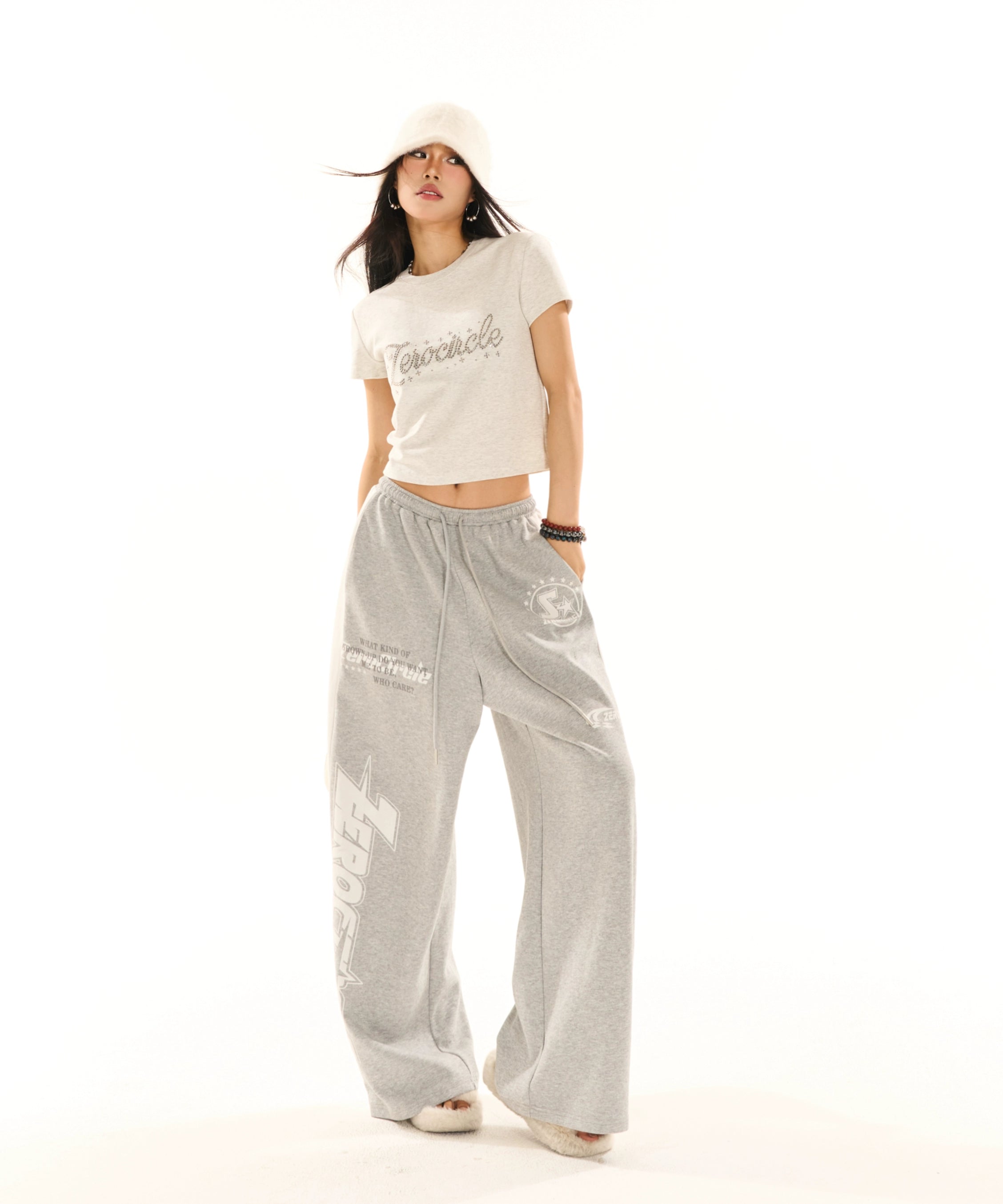 野生zerocircle 灰白色正肩短袖烫钻t恤女夏季多巴胺辣妹显瘦上衣