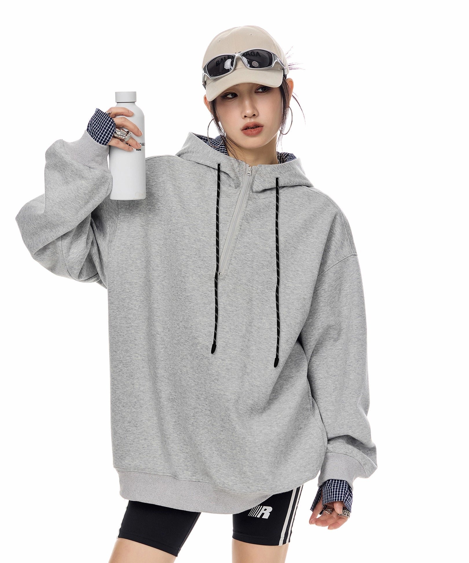 ICH MODE 美式复古格子拼接连帽卫衣女秋冬季半开领运动上衣外套