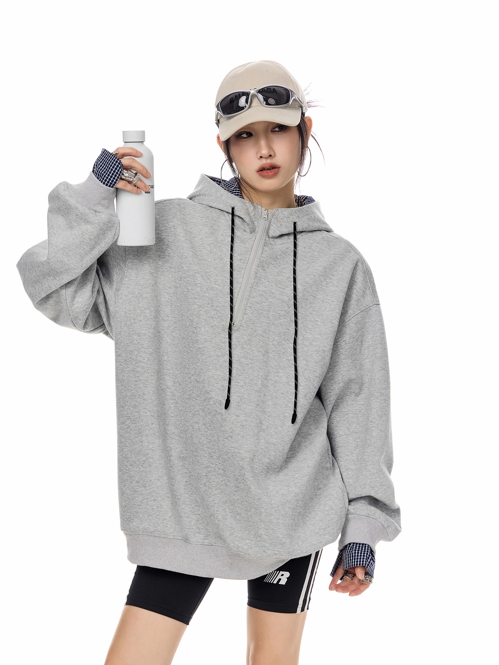 ICH MODE 美式复古格子拼接连帽卫衣女秋冬季半开领运动上衣外套