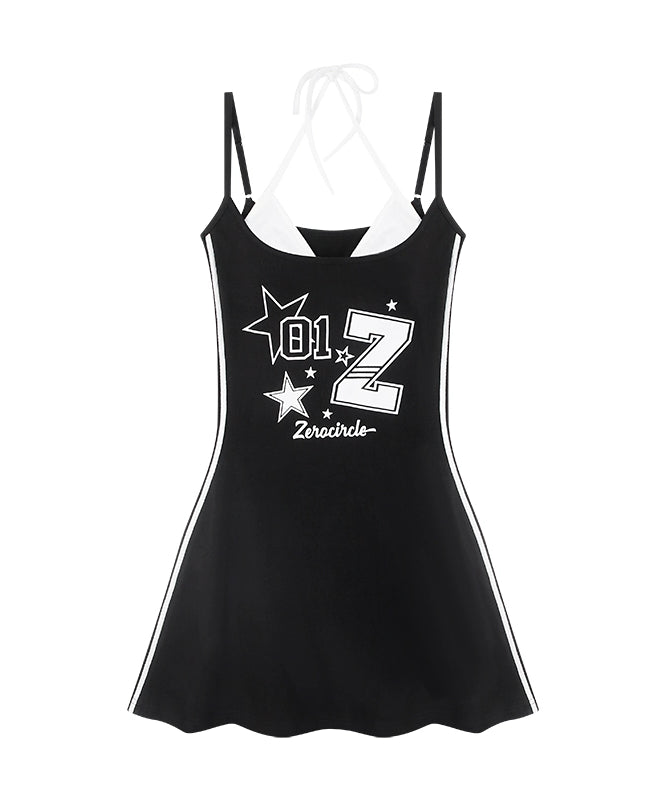 野生zero黑白黄色假两件印花吊带连衣裙女夏修身显瘦又甜又辣裙子