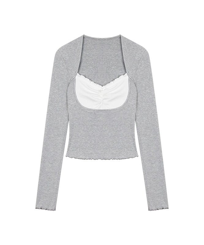 野生zerocircle灰色正肩长袖t恤女春秋辣妹修身显瘦v领假两件上衣