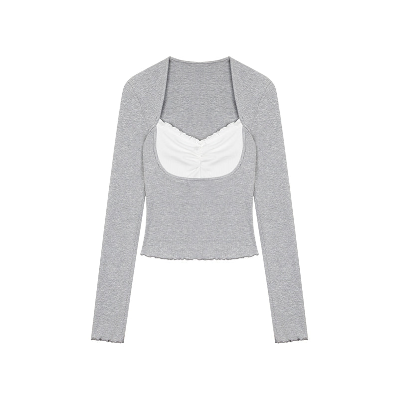 野生zerocircle灰色正肩长袖t恤女春秋辣妹修身显瘦v领假两件上衣