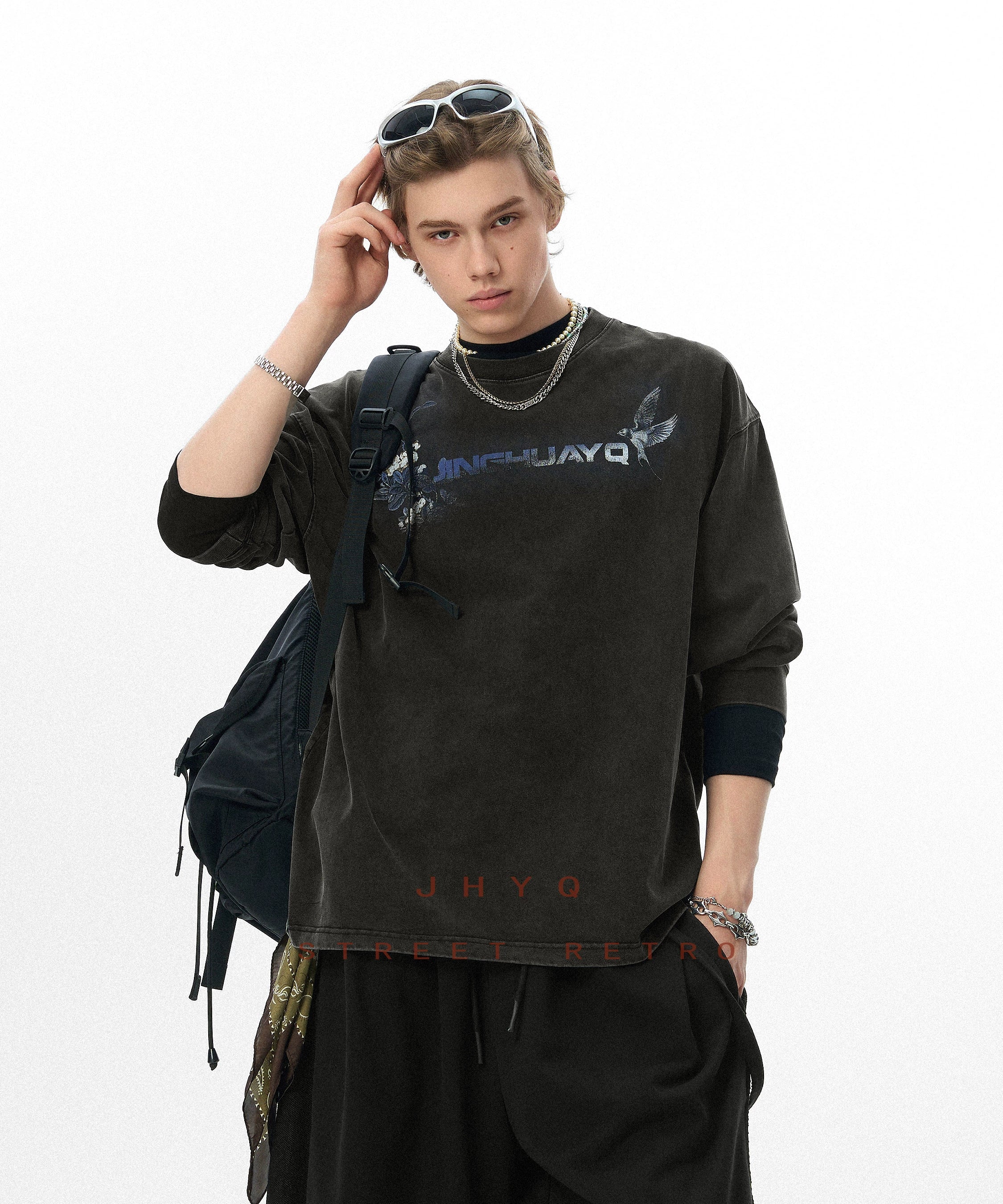 花鸟之语丨JHYQ美式复古水洗320重磅长袖T恤男士字母做旧印花卫衣