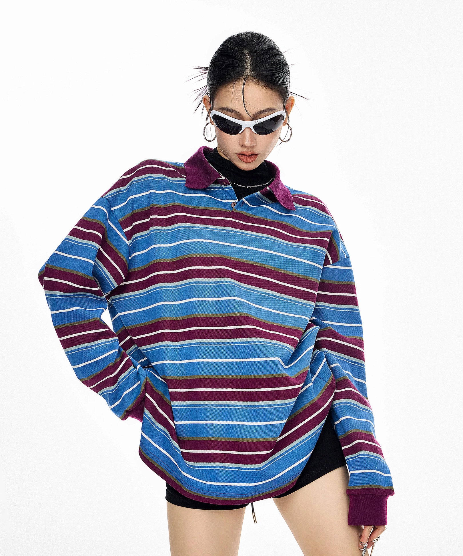 ICH MODE 美式复古条纹撞色翻领T恤女2025新款POLO衫宽松长袖上衣