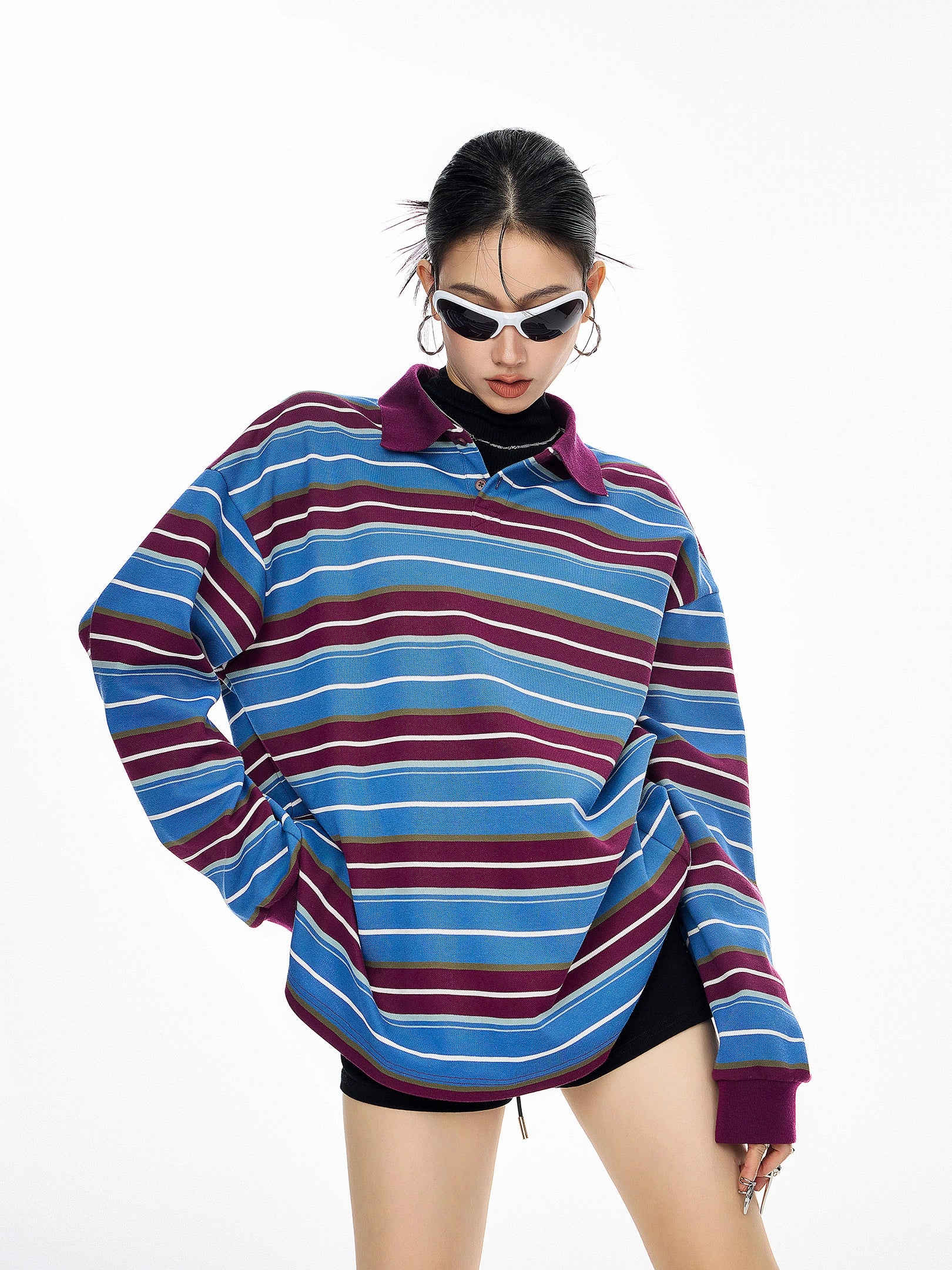 ICH MODE 美式复古条纹撞色翻领T恤女2025新款POLO衫宽松长袖上衣