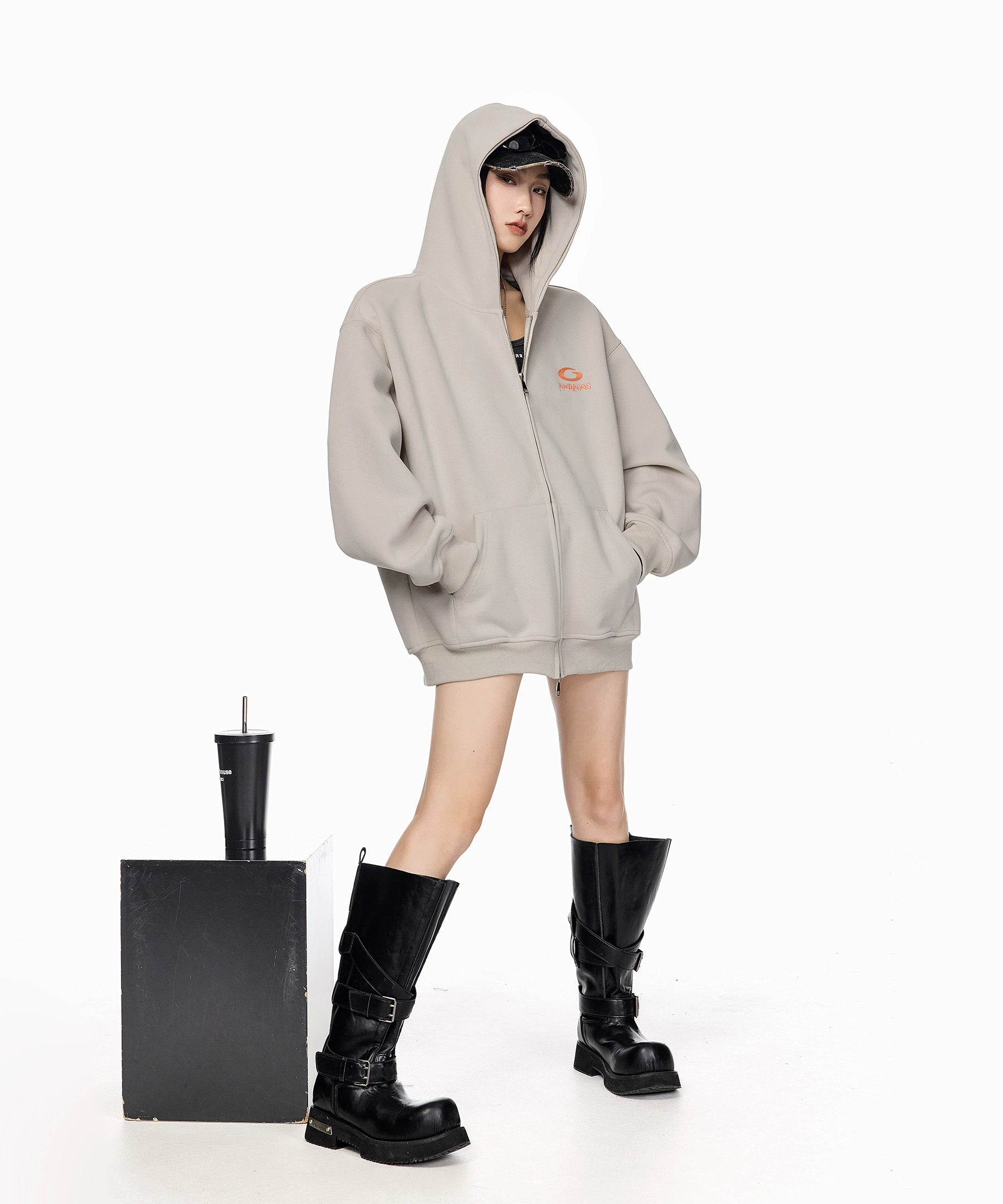 ICH MODE 美式复古刺绣连帽外套女秋冬宽松开衫卫衣休闲百搭上衣