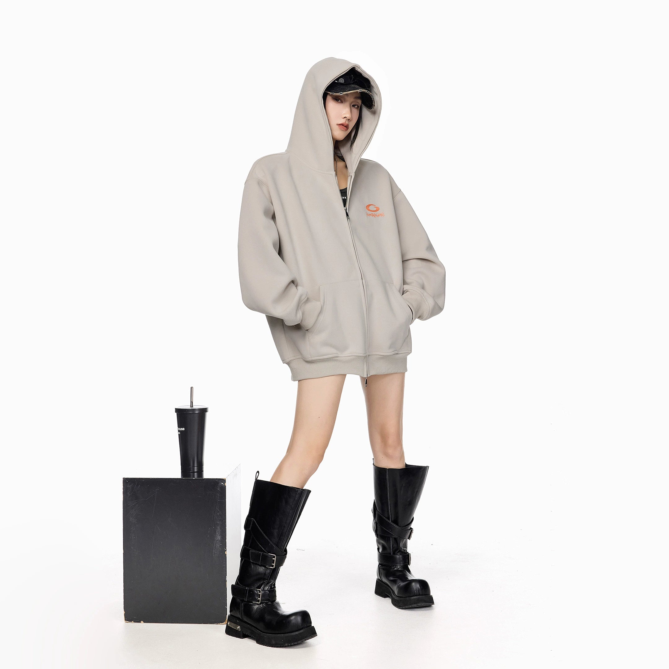 ICH MODE 美式复古刺绣连帽外套女秋冬宽松开衫卫衣休闲百搭上衣