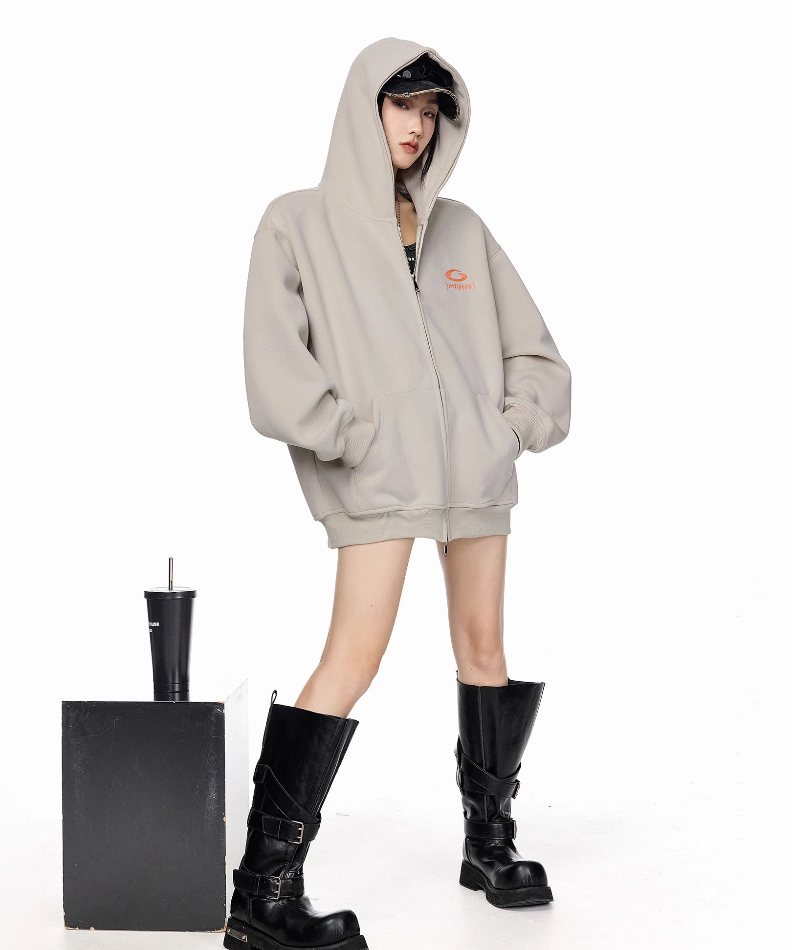 ICH MODE 美式复古刺绣连帽外套女秋冬宽松开衫卫衣休闲百搭上衣