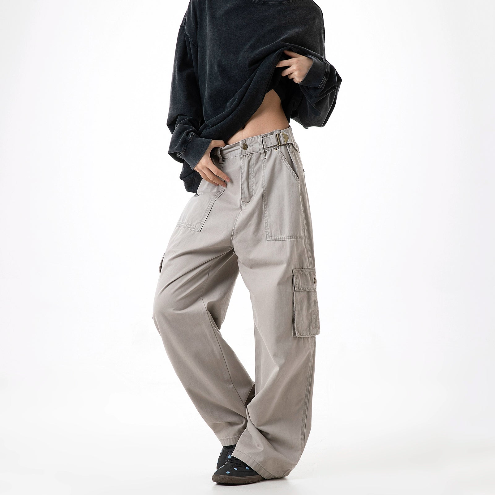 ICH MODE 美式复古口袋工装裤女2025新款秋宽松直筒阔腿休闲裤