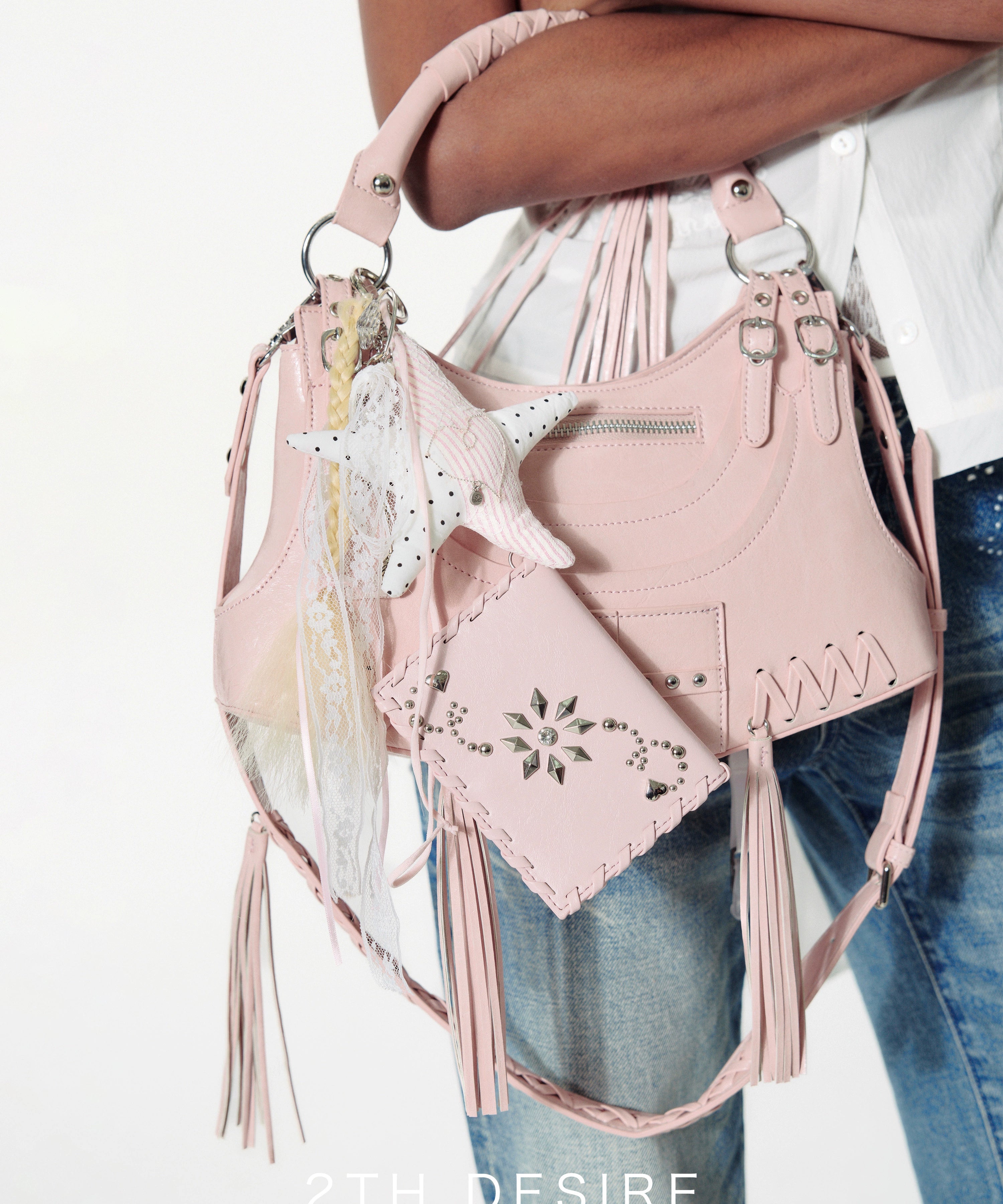 2th Desire手工编制波点豹纹撞色五角星爱心编发蕾丝飘带包挂项链