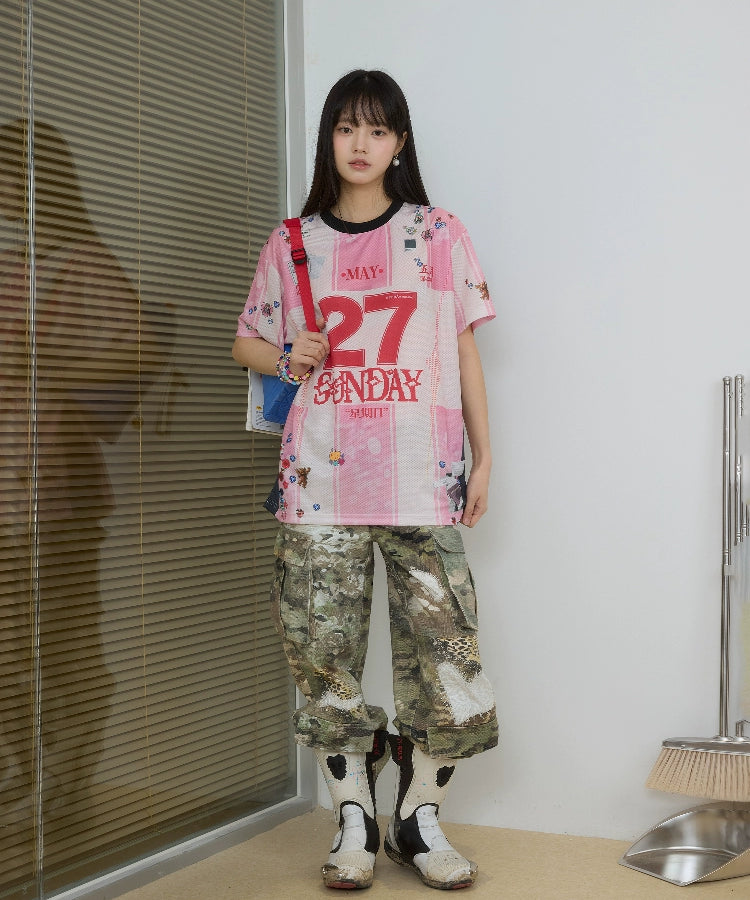 “纪念日”| eeee粉色日历条纹贴纸运动风球衣复古撞色短袖T恤夏