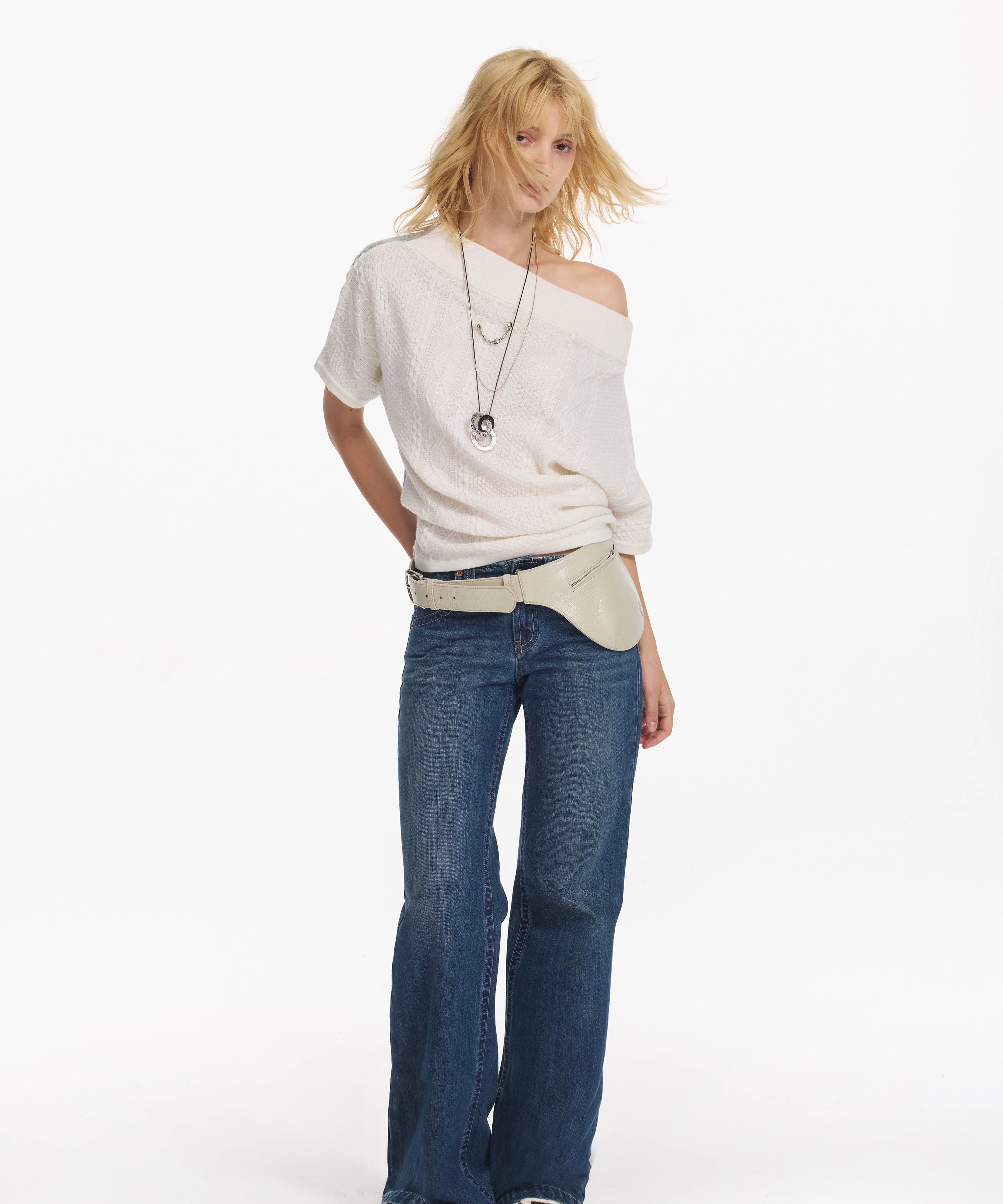 2th Desire 撞色斜肩宽松蝙蝠袖绞花设计感小众短袖外穿毛针织衫