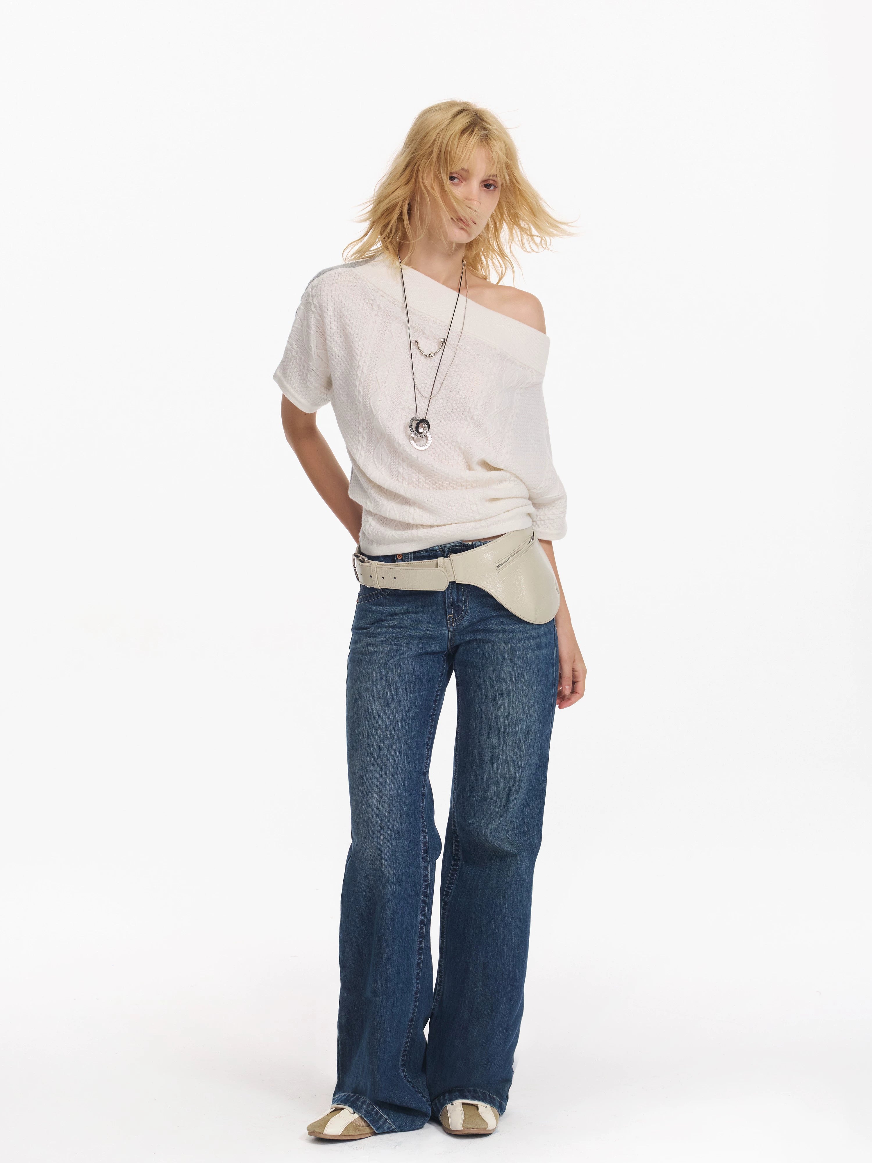 2th Desire 撞色斜肩宽松蝙蝠袖绞花设计感小众短袖外穿毛针织衫