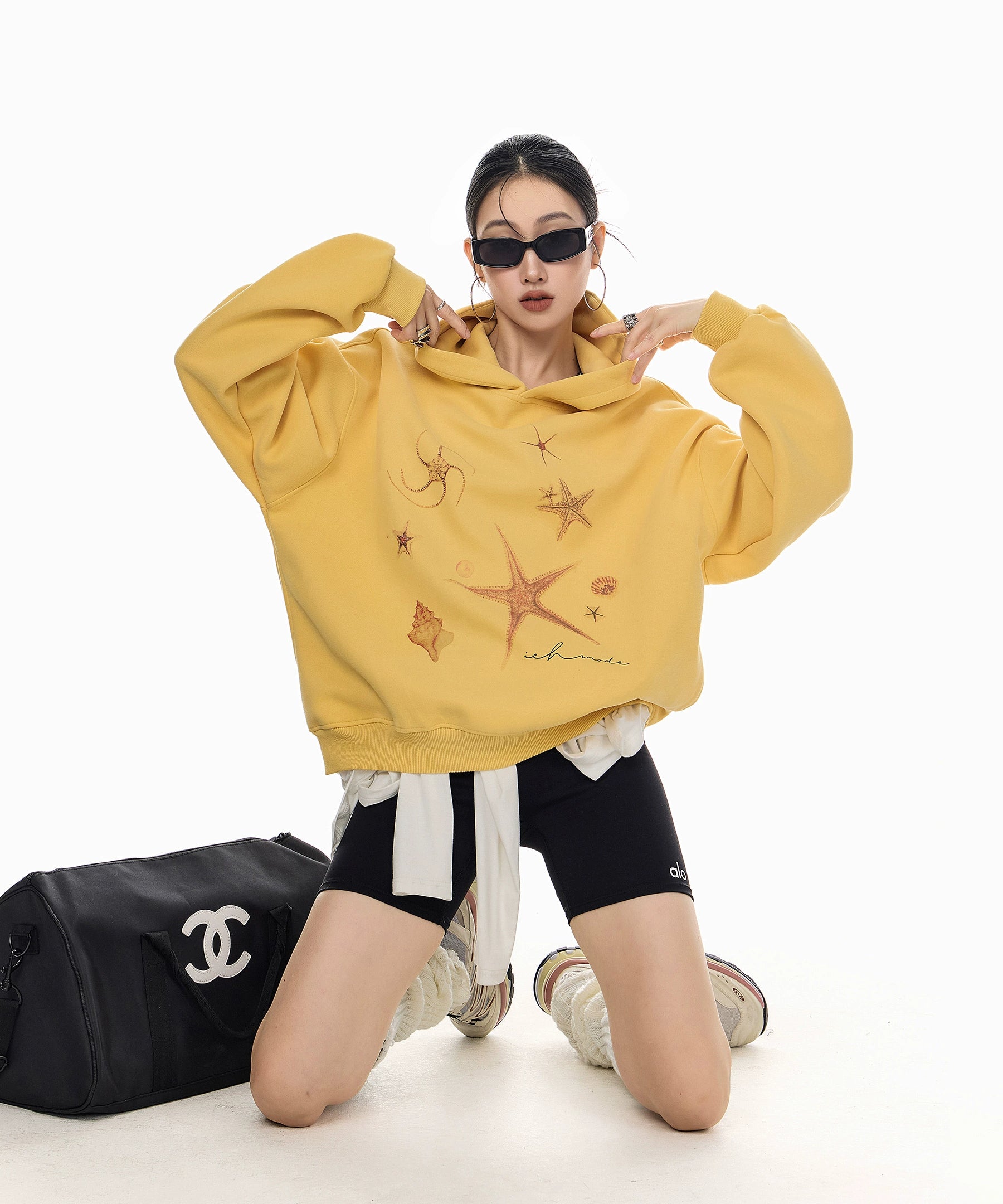 ICH MODE 美式复古海星连帽卫衣女秋冬新款重磅帽衫宽松运动上衣