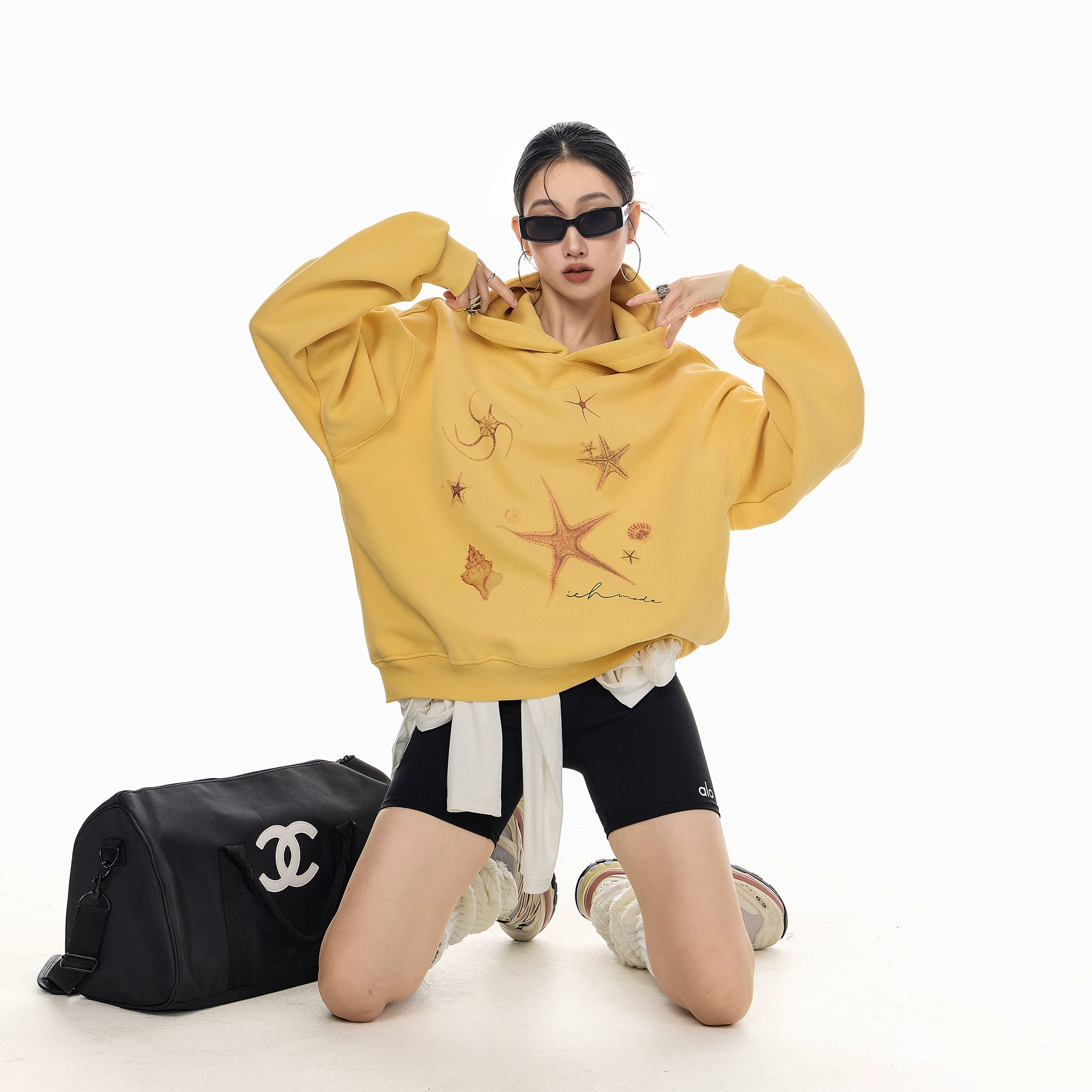 ICH MODE 美式复古海星连帽卫衣女秋冬新款重磅帽衫宽松运动上衣