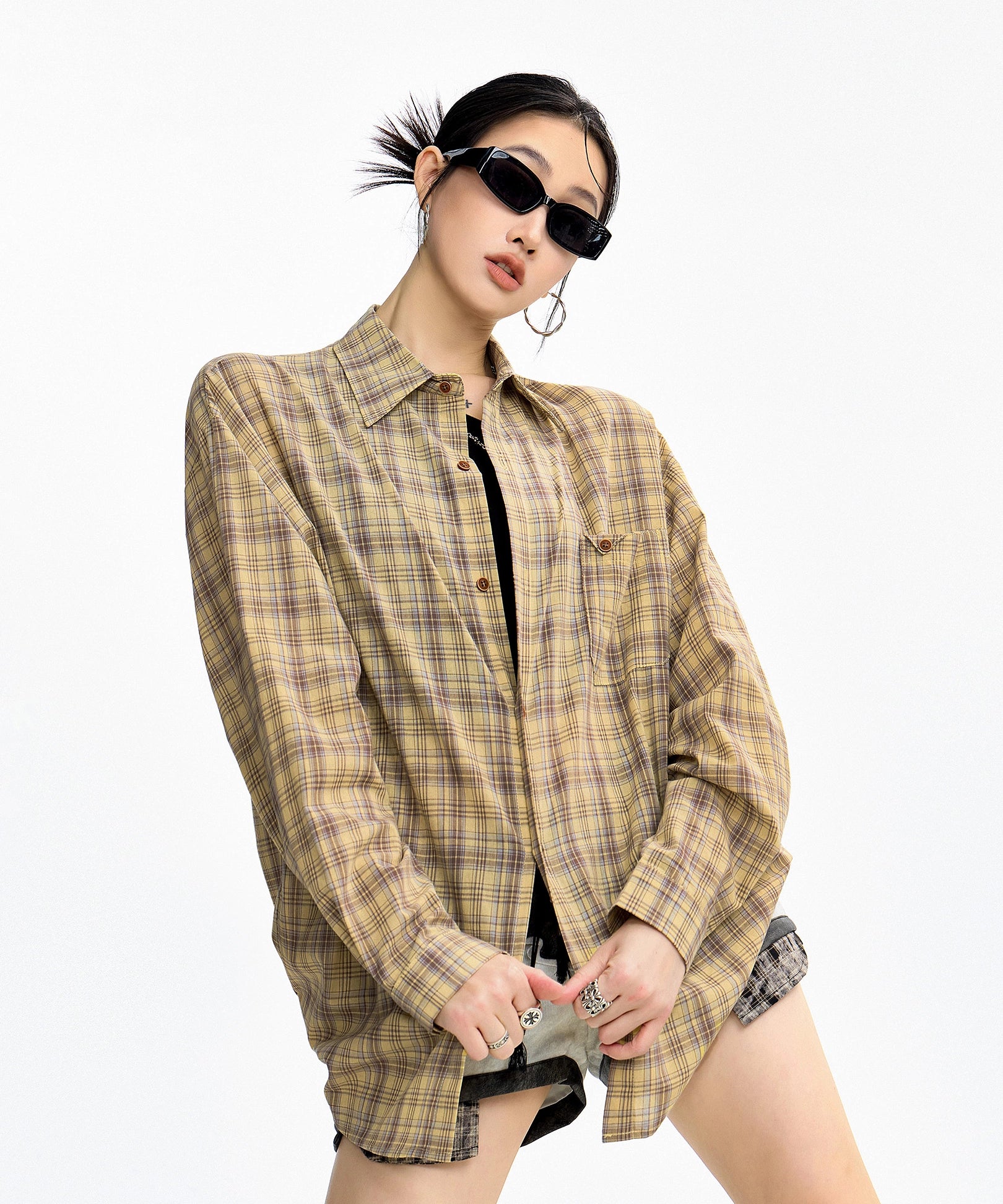 ICH MODE 美式复古格子长袖衬衫女夏季新款百搭休闲衬衣外套上衣