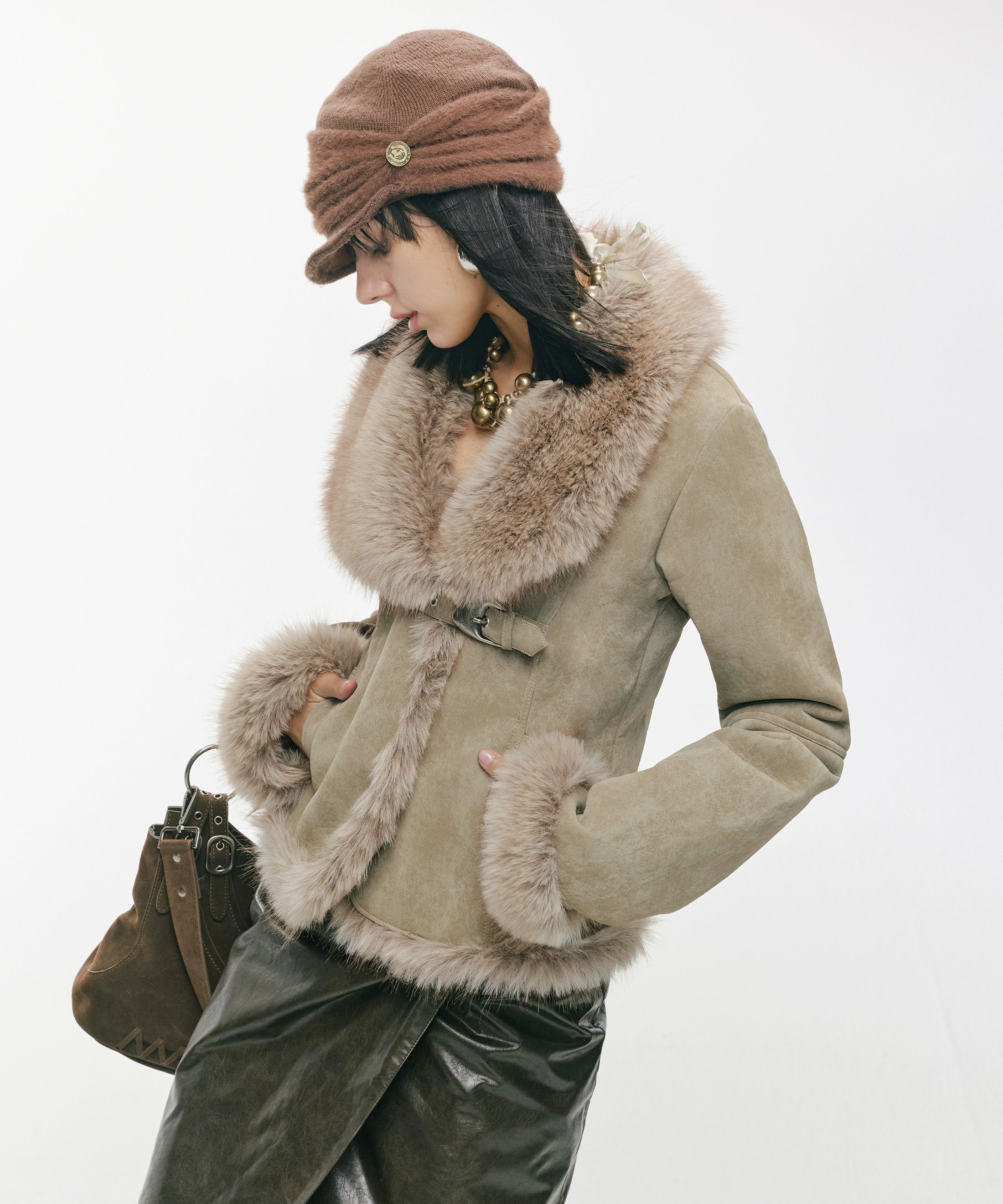 2th Desire复古不规则大翻领做旧金属扣麂皮皮毛一体保暖毛毛外套