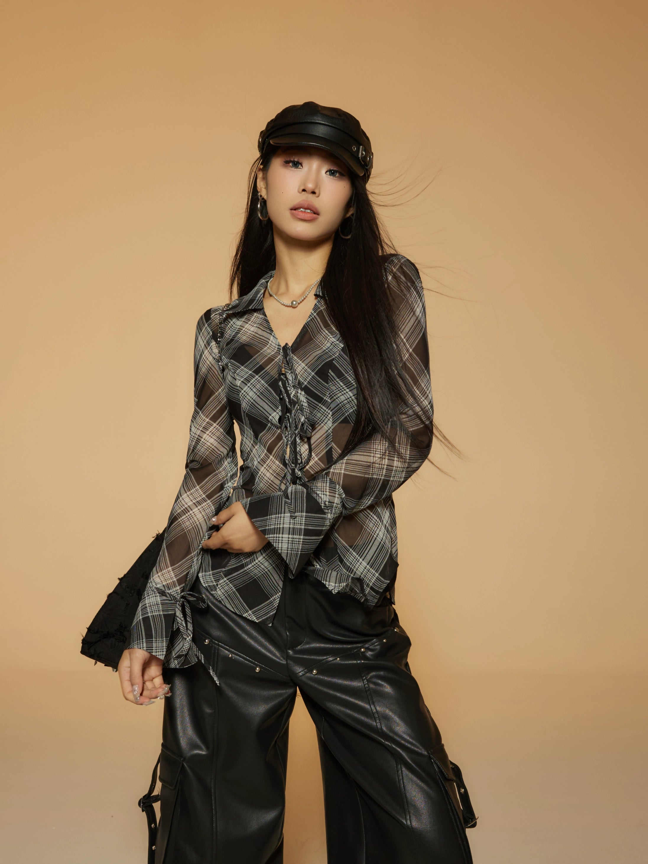 野生zerocircle 格子v领长袖衬衫女春修身显瘦绑带喇叭袖薄款上衣