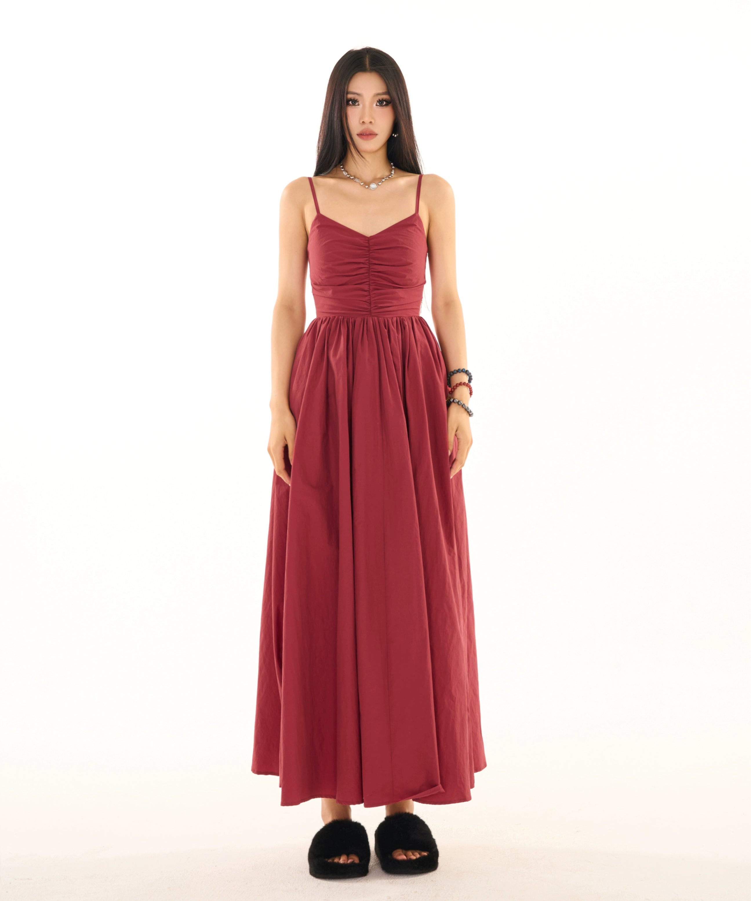 野生zerocircle黑红色v领露背吊带连衣裙女夏季辣妹显瘦a字长裙子