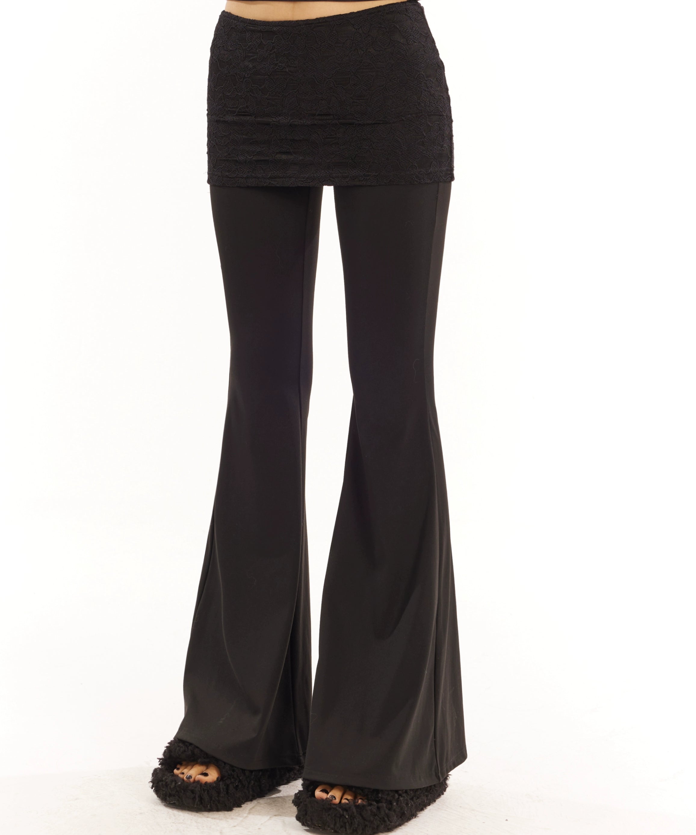 野生zero黑灰绿色喇叭裤女春夏季修身显瘦假两件蕾丝休闲瑜伽裤子