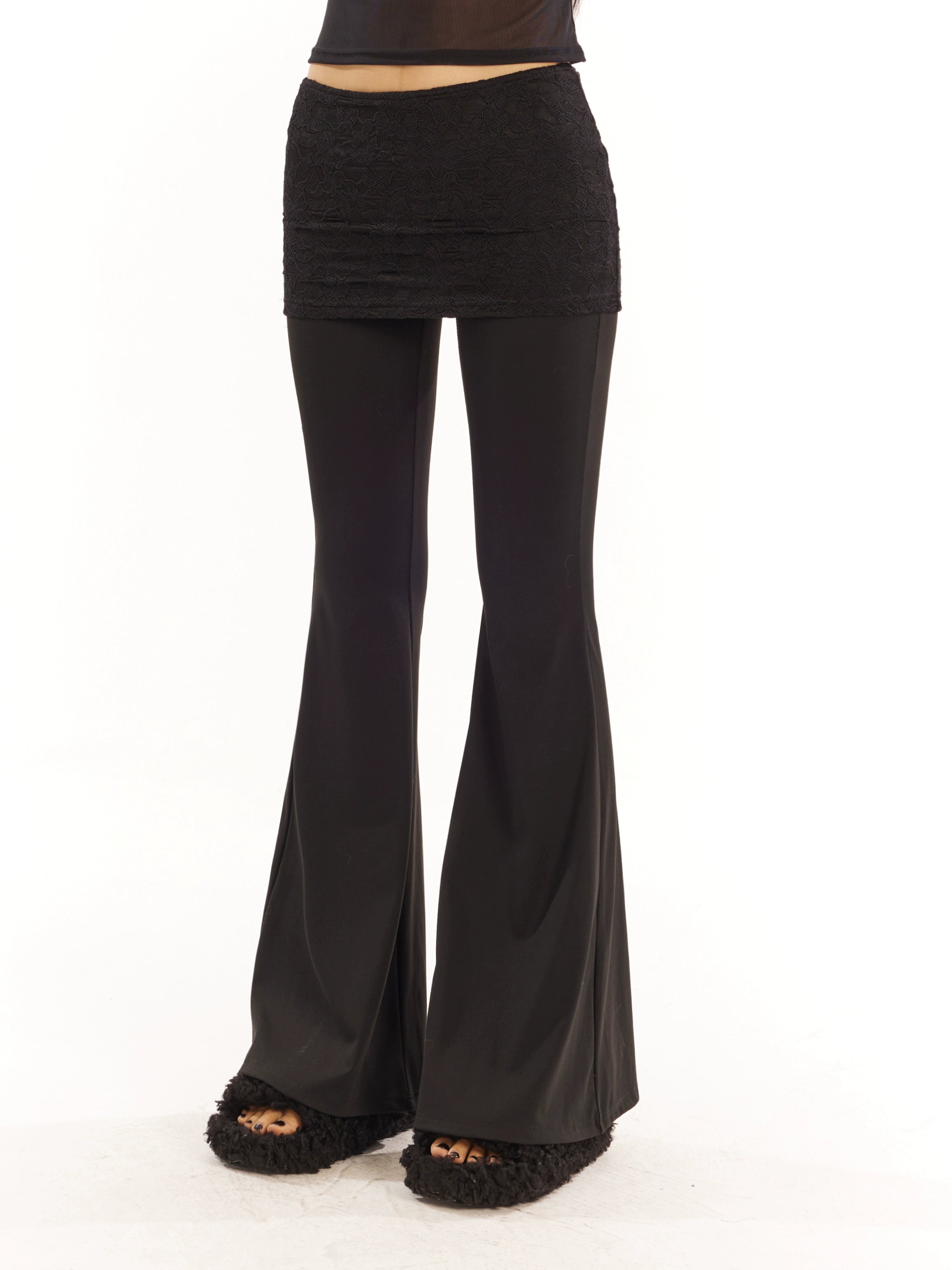 野生zero黑灰绿色喇叭裤女春夏季修身显瘦假两件蕾丝休闲瑜伽裤子