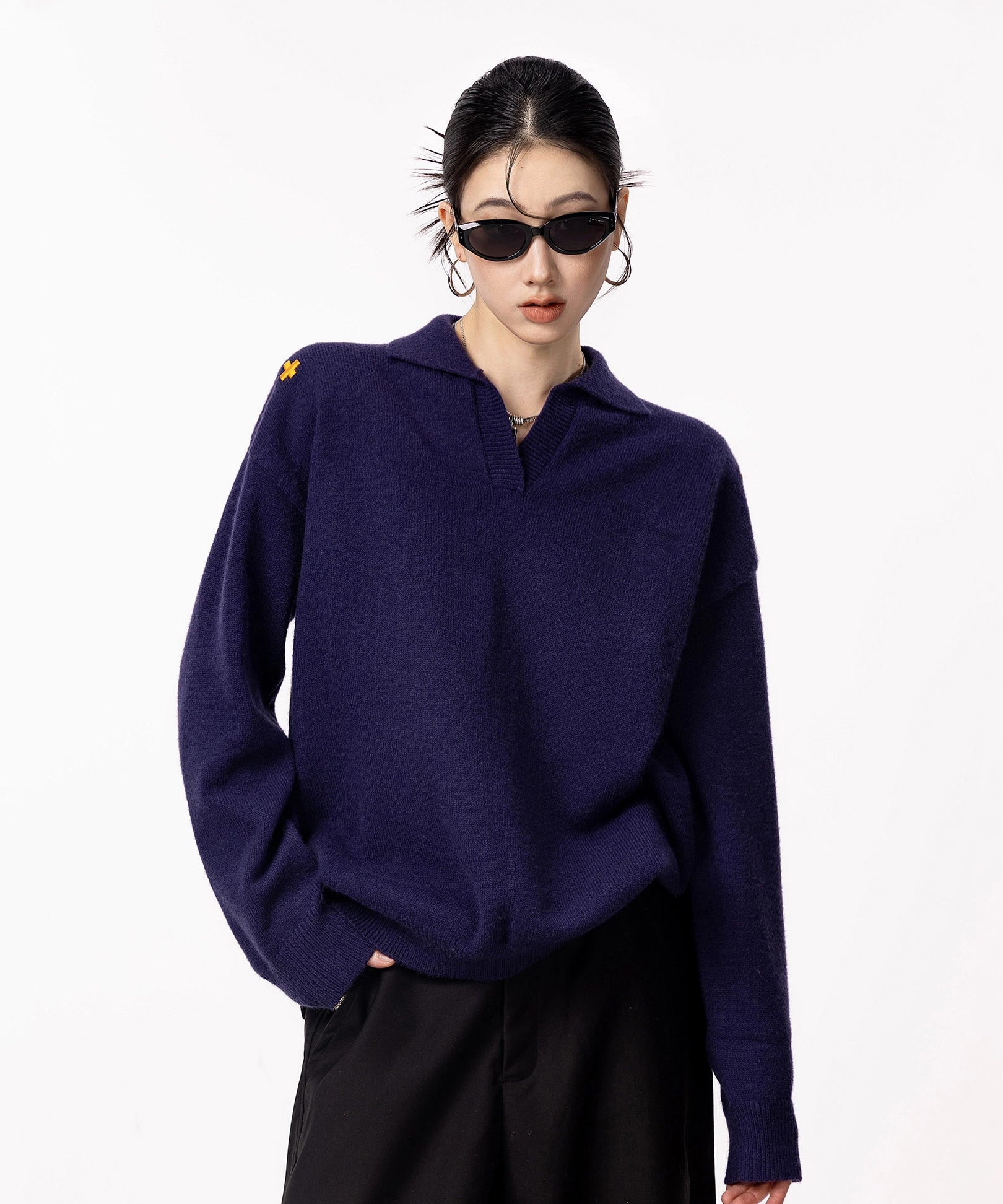 ICH MODE 美式V领套头毛衣外套女秋冬季新款休闲慵懒毛针织衫上衣