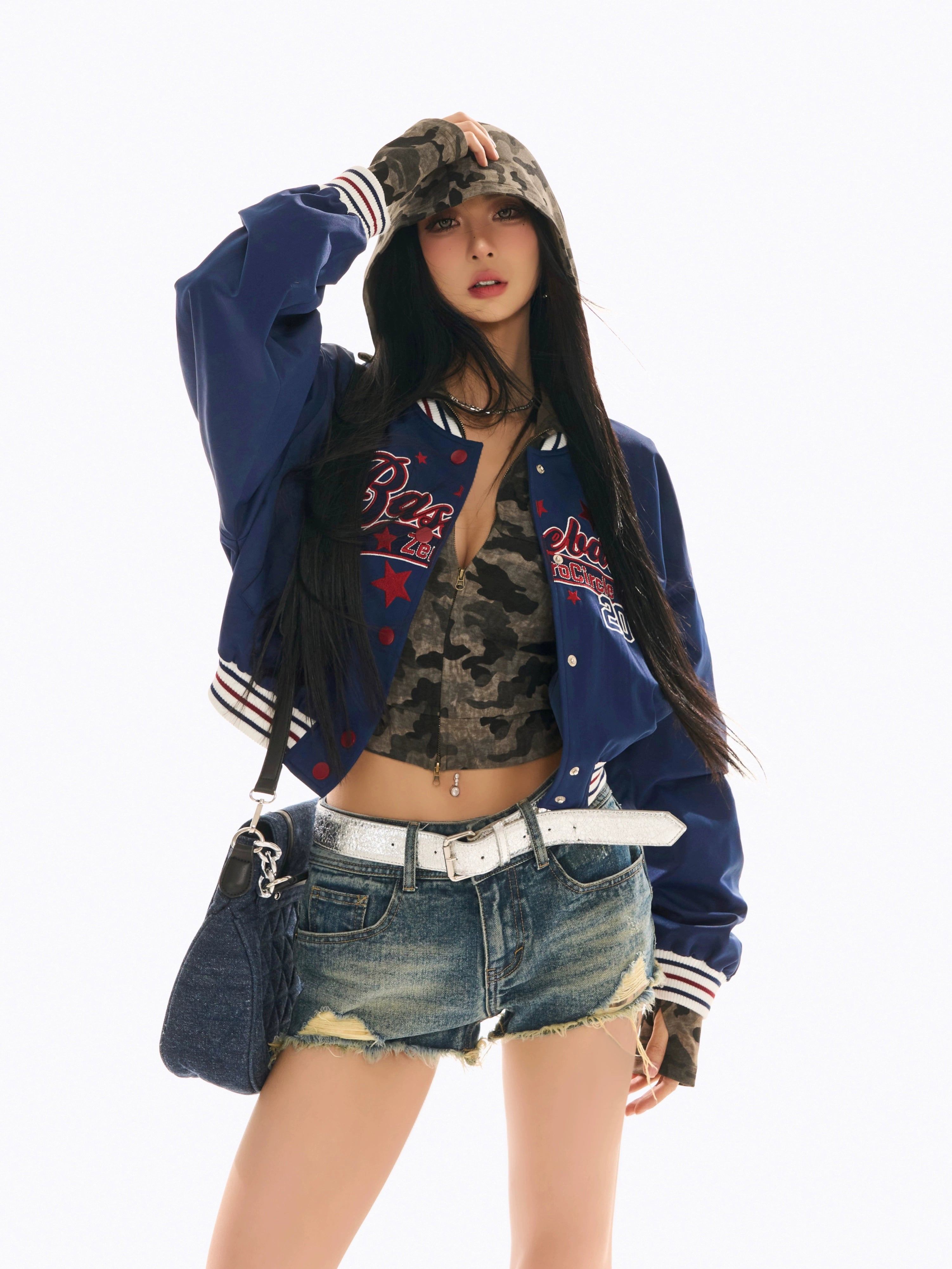 野生zerocircle短款棒球服女春季美式复古小众宽松设计感蓝色外套