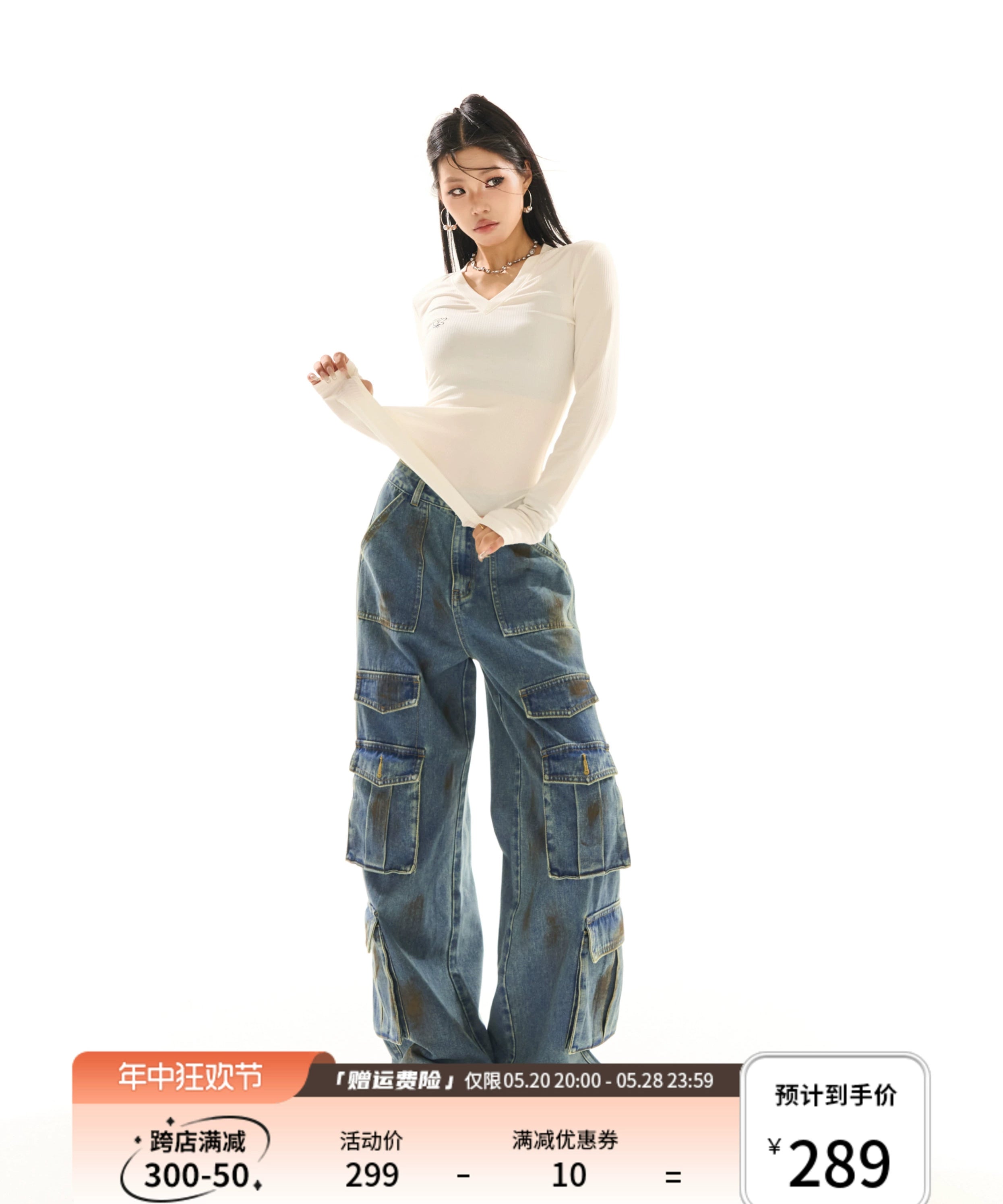 野生zerocircle复古蓝做旧工装牛仔裤女春宽松直筒阔腿设计感裤子