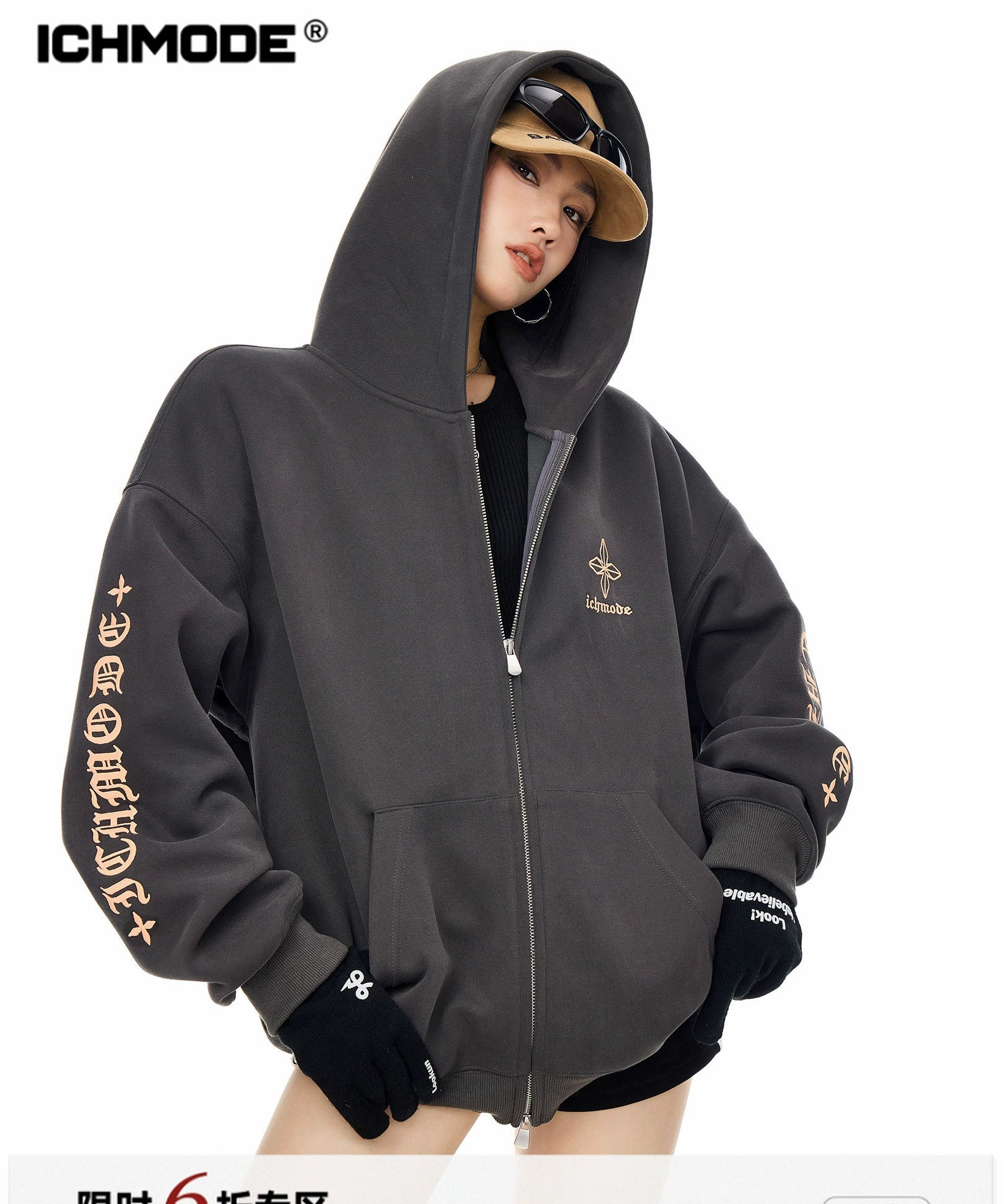 ICH MODE 美式哥特风十字架卫衣外套女秋冬新款宽松拉链开衫上衣