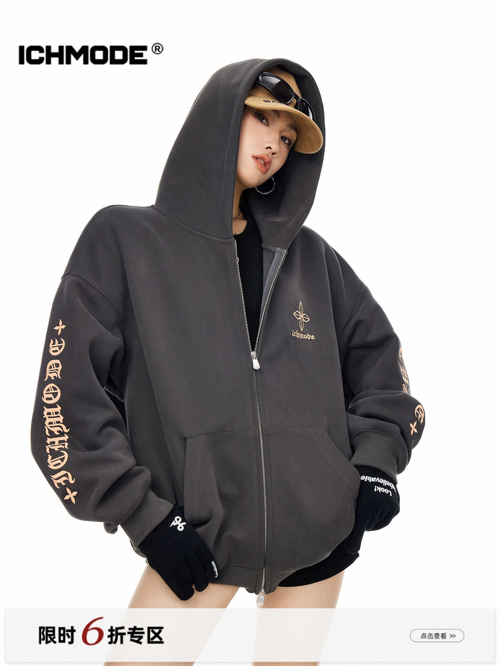 ICH MODE 美式哥特风十字架卫衣外套女秋冬新款宽松拉链开衫上衣