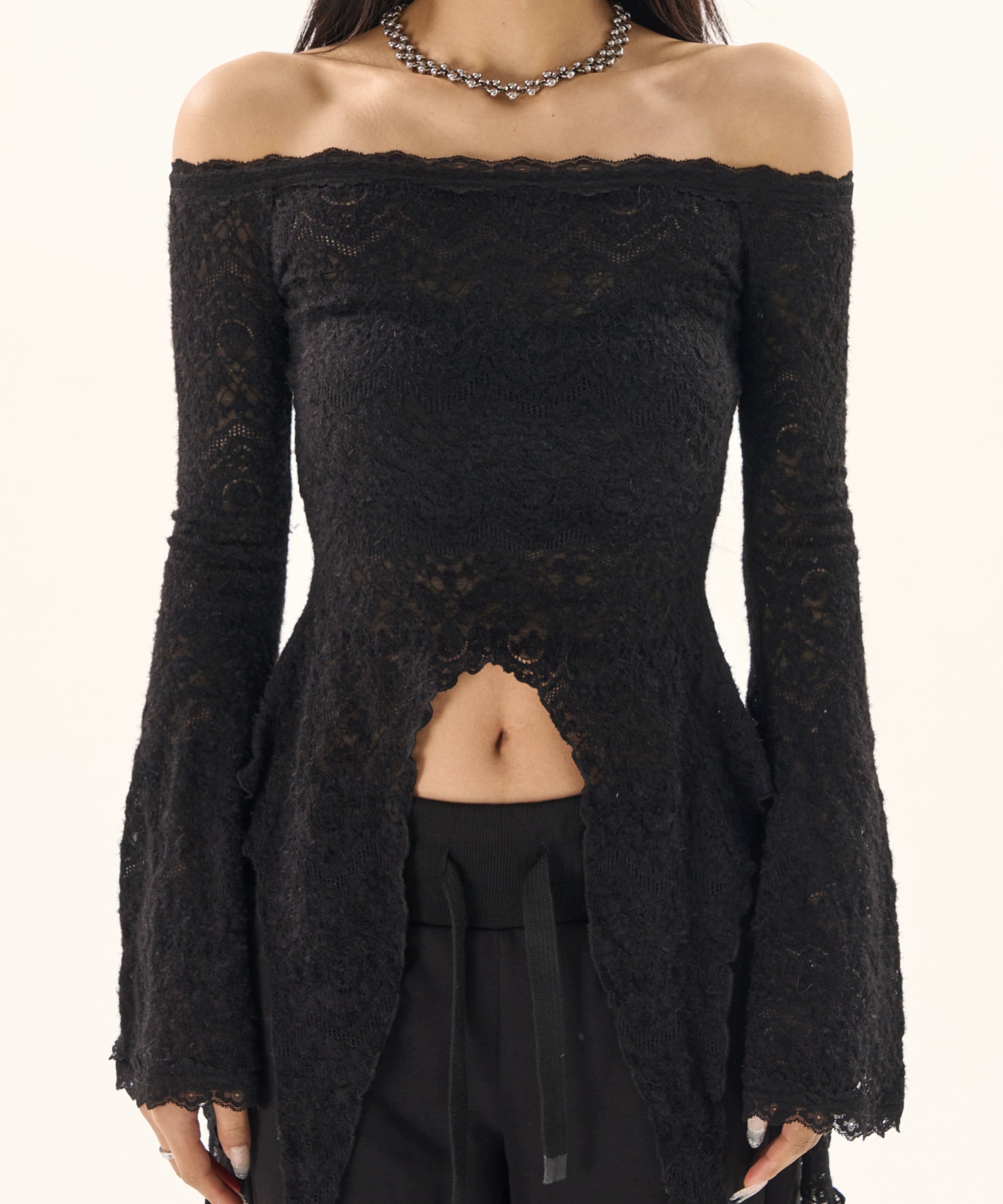 野生zerocircle黑色中长款修身蕾丝衫女春季辣妹喇叭袖一字肩上衣