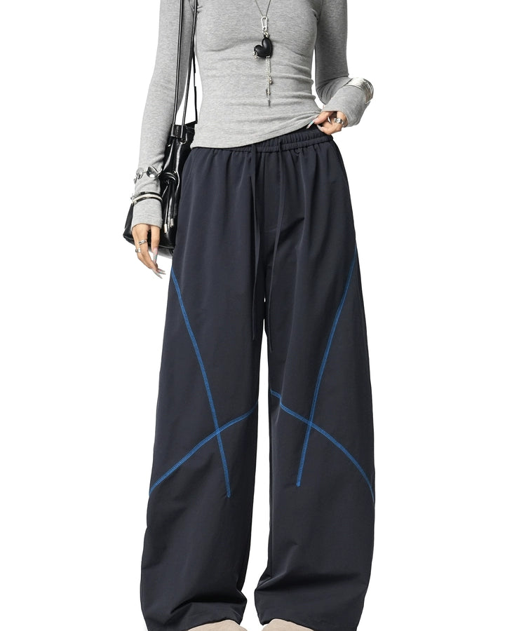 ICH MODE 美式复古户外哈苏线休闲裤女宽松弯刀裤阔腿直筒运动裤